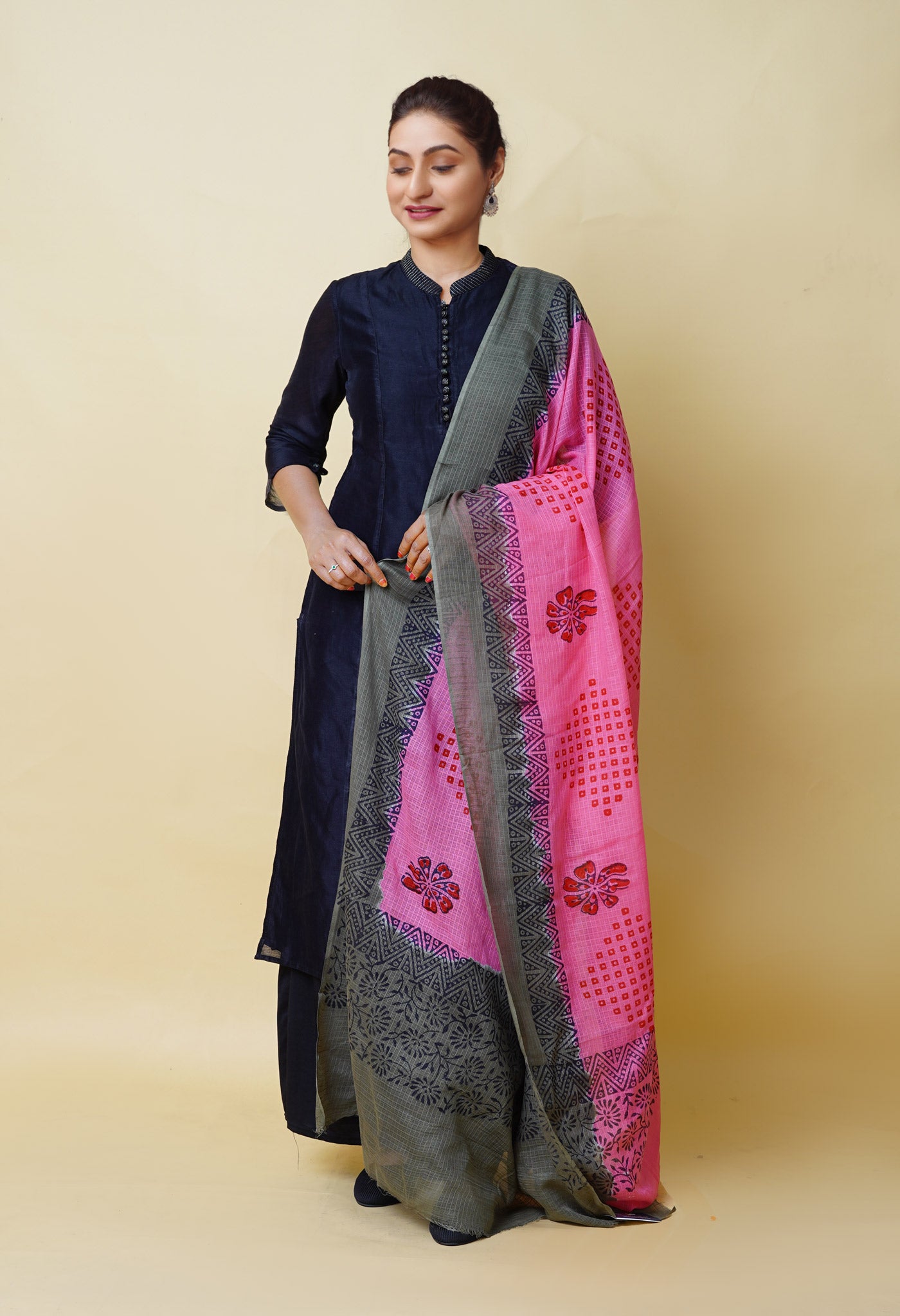 Pink-Grey Pure Block Printed Kota Dupatta-UDS5887