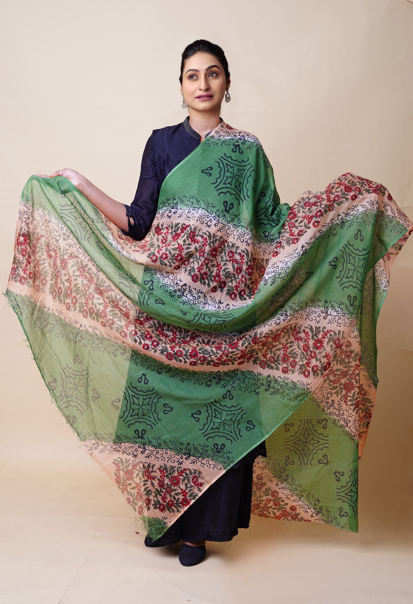Brown-Green Pure Block Printed Kota Dupatta-UDS5889
