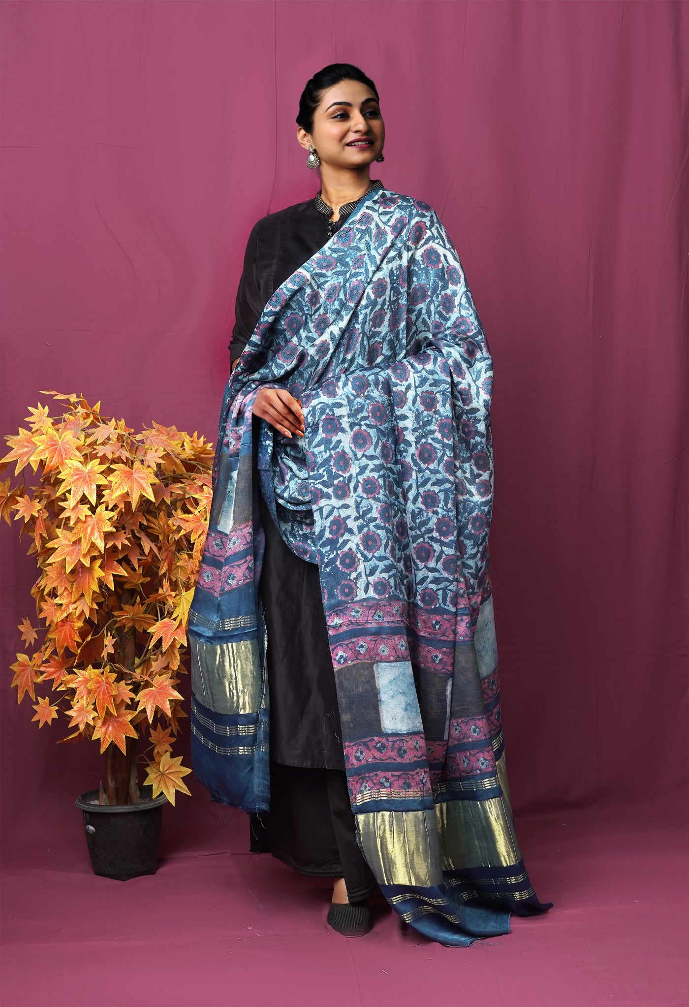 Blue Pure Vanaspathi Block Printed Gaji Silk Dupatta-UDS5893