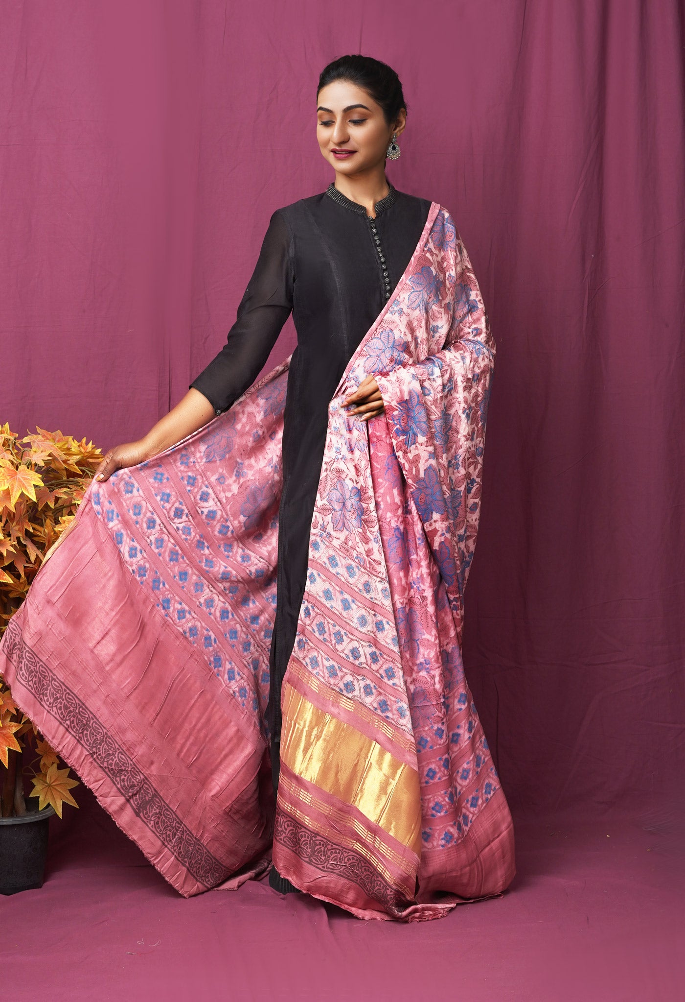 Peach Pink Pure Vanaspathi Block Printed Gaji Silk Dupatta-UDS5898