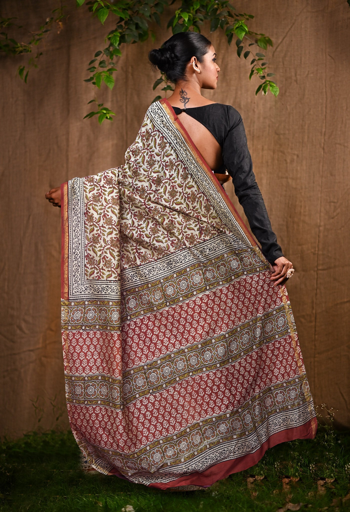 Cream Pure Bagru Kalamkari Printed Chanderi Sico Saree-UNM82646