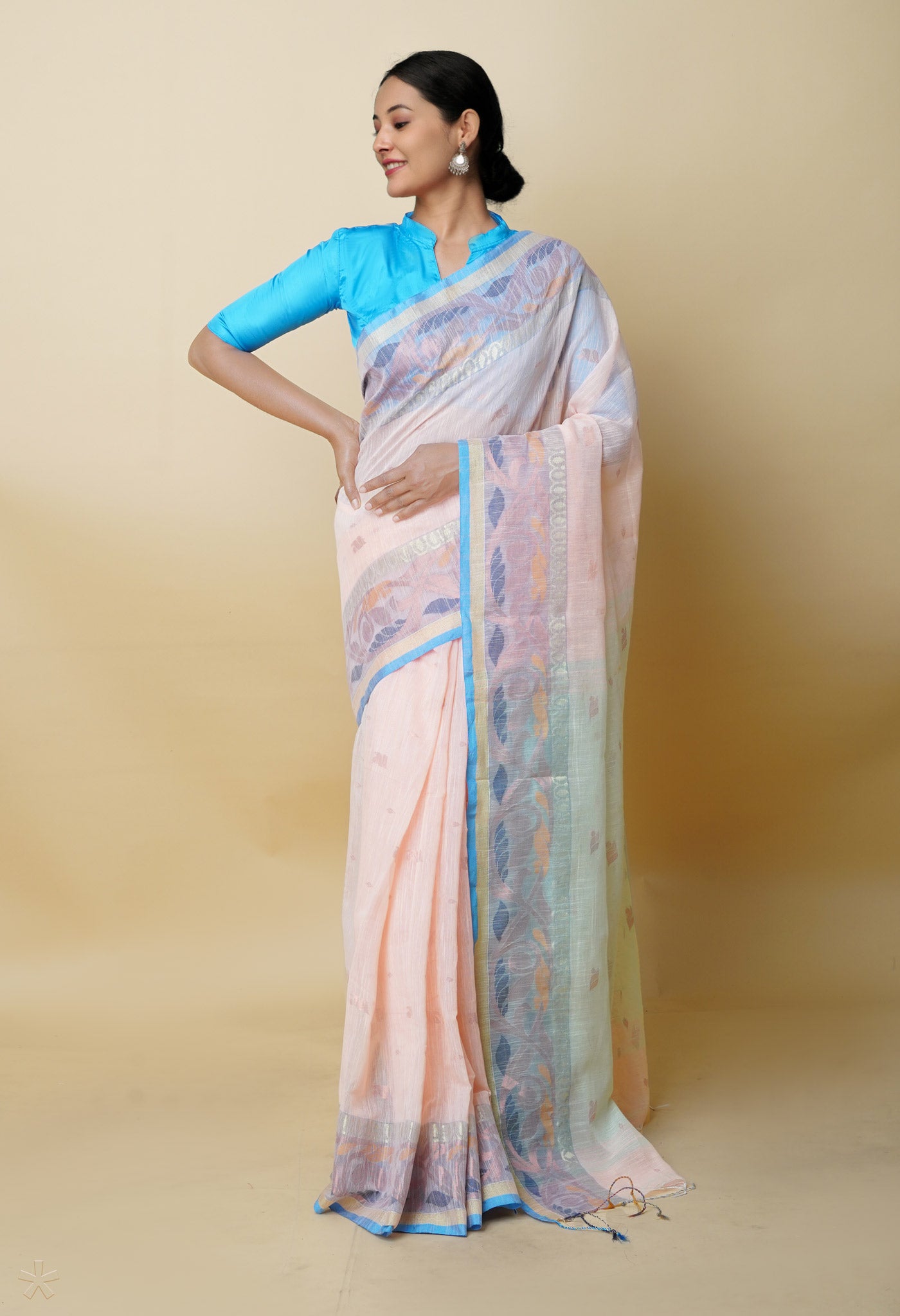 Peach Pink Pure Handloom Jamdhani Bengal Sico Saree