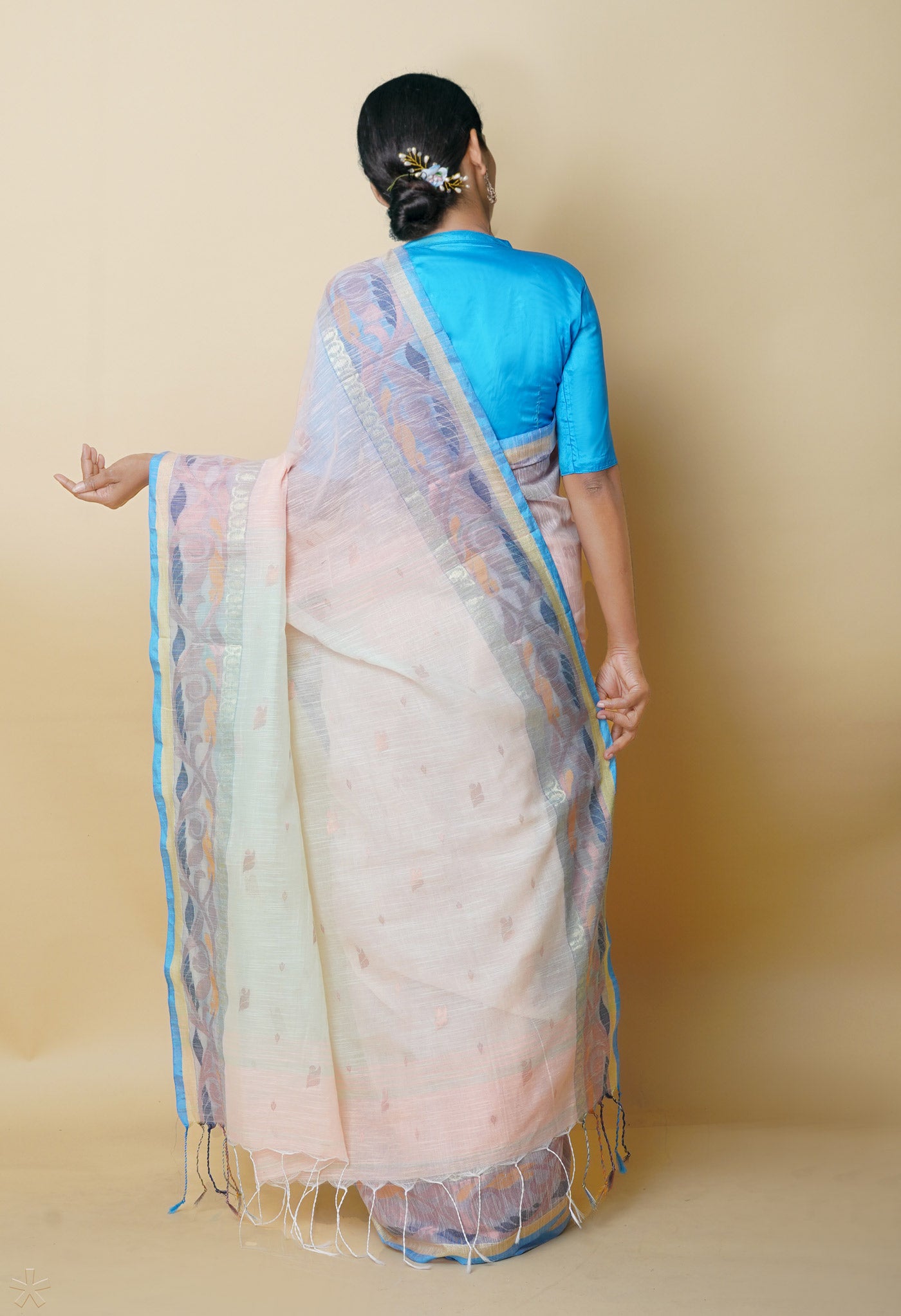 Peach Pink Pure Handloom Jamdhani Bengal Sico Saree