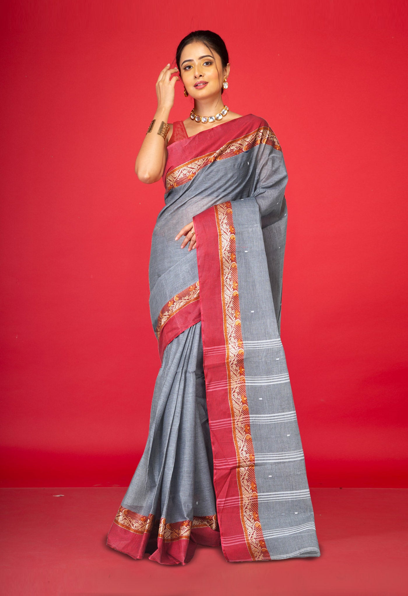 Grey Pure Handloom Superfine Bengal Cotton Saree-UNM69582