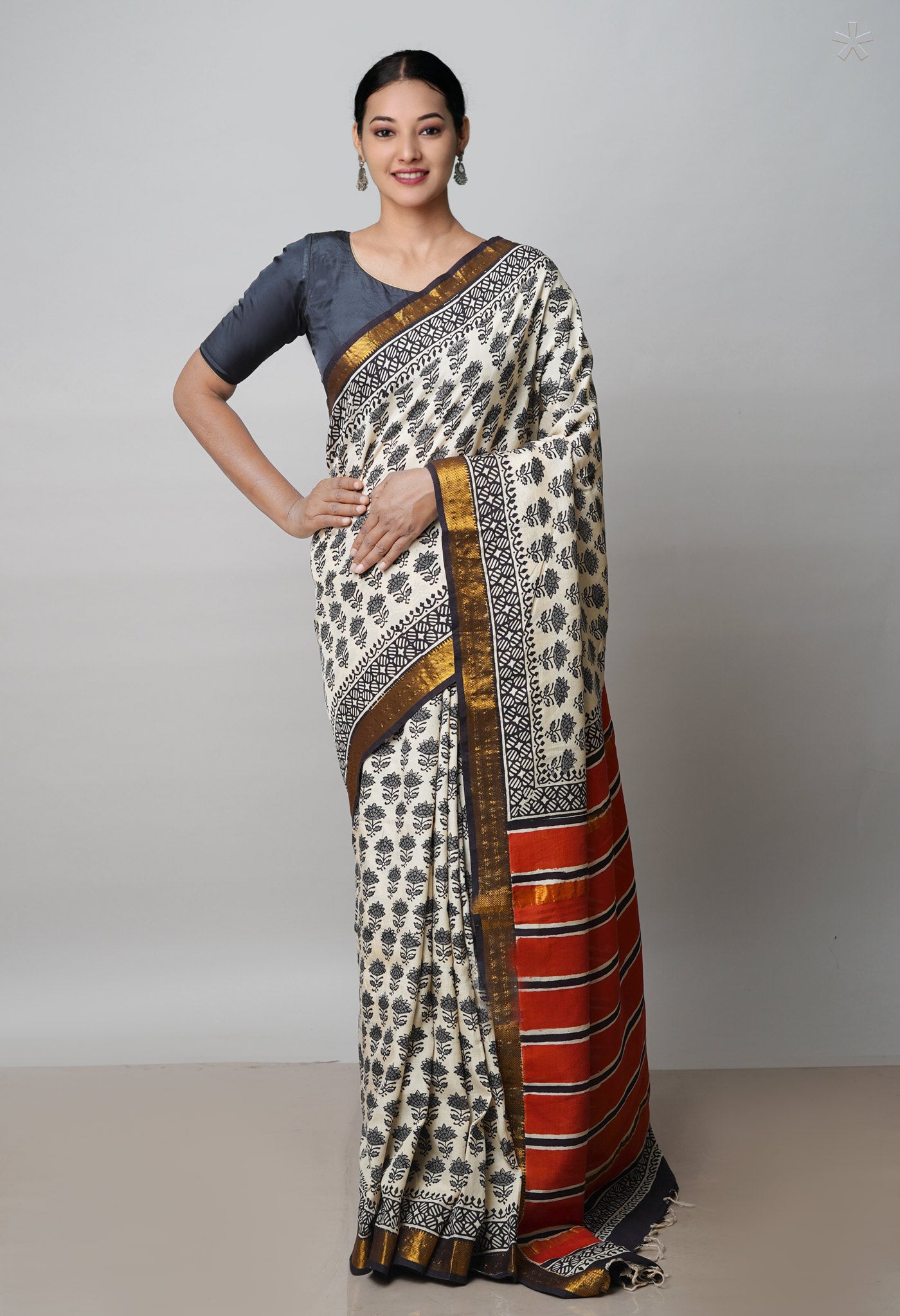 Beige Pure  Preet Bagru Printed Chanderi Soft Silk Saree-UNM70401