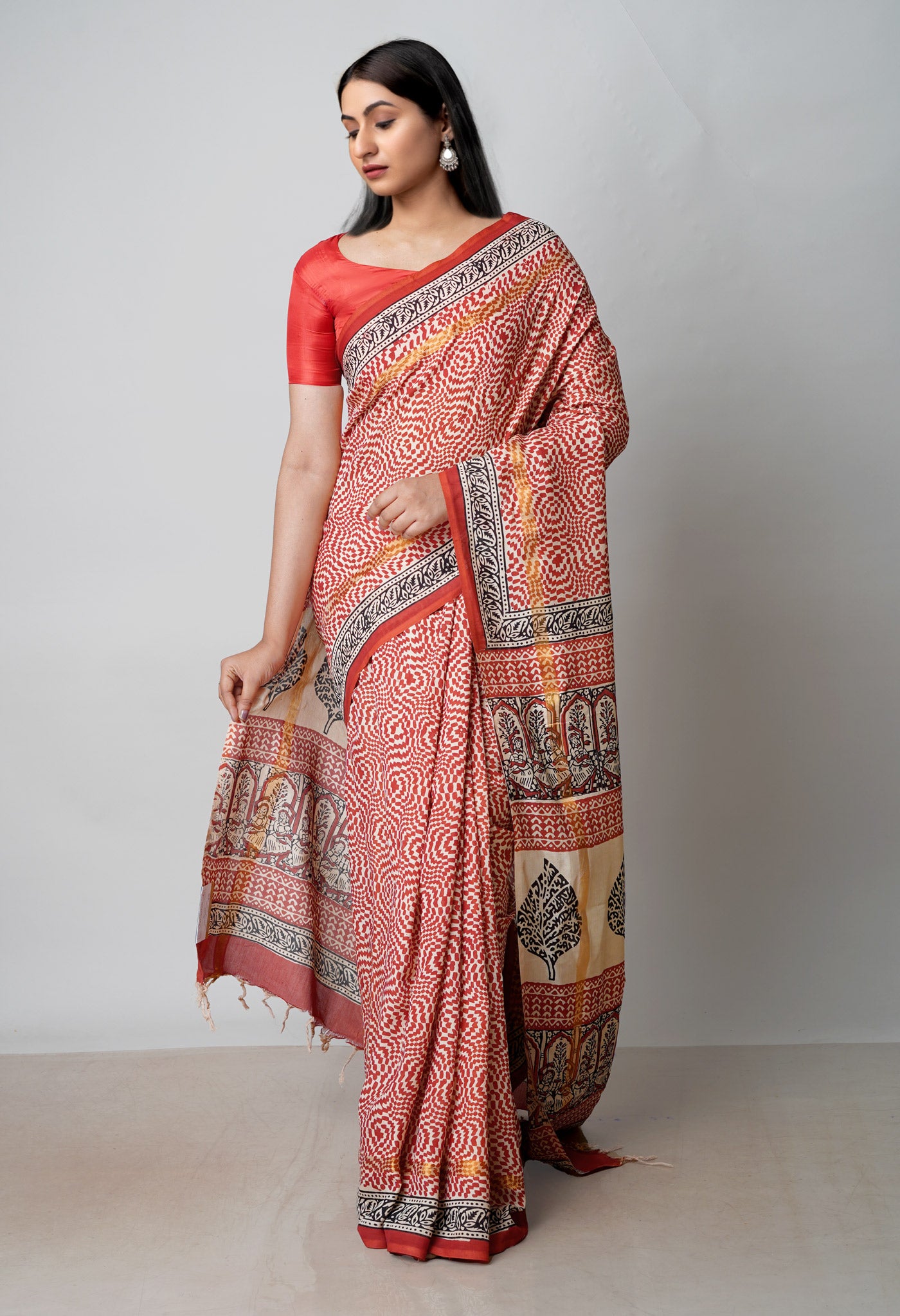Rum Red-Cream Pure Preet Bagru Printed Chanderi sico Saree-UNM70442