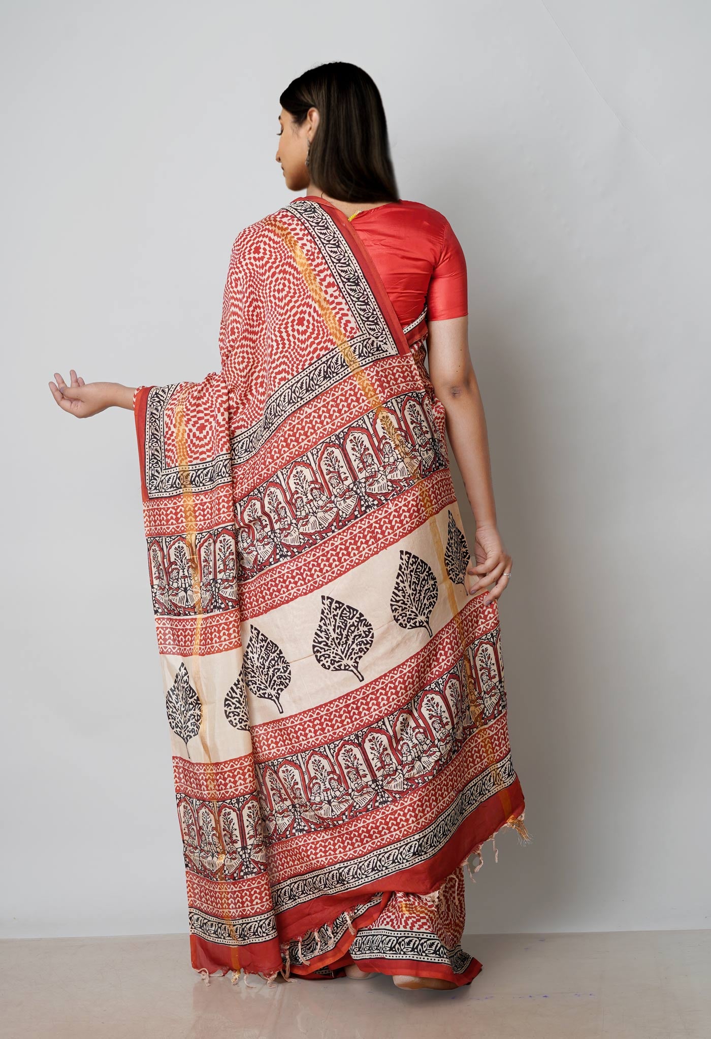 Rum Red-Cream Pure Preet Bagru Printed Chanderi sico Saree-UNM70442