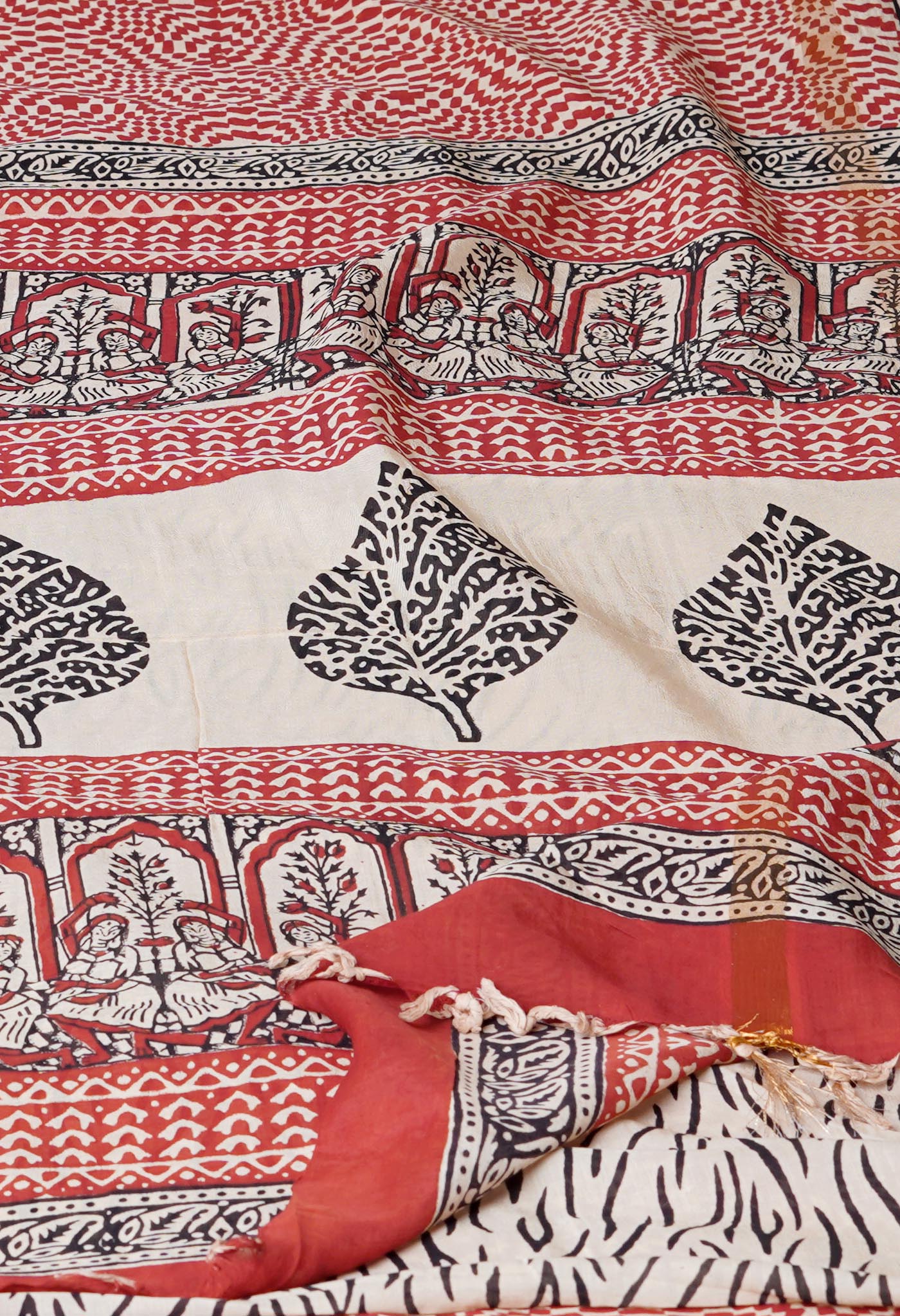 Rum Red-Cream Pure Preet Bagru Printed Chanderi sico Saree-UNM70442