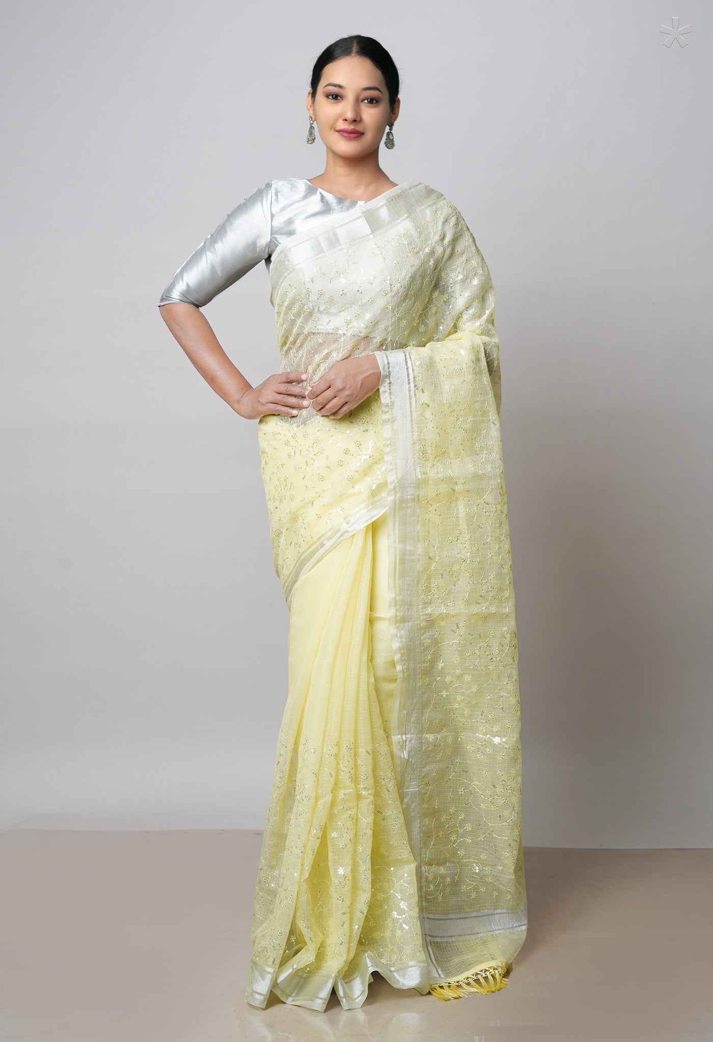 Light Yellow Pure Kota With Sequence Embroidery cotton Saree-UNM70574