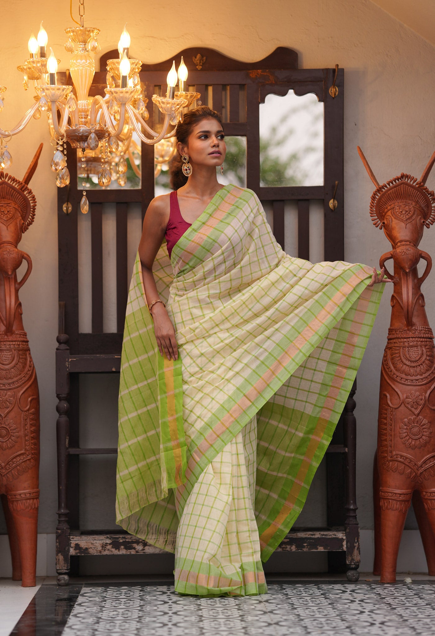 Cream Pure Handloom Mangalagiri Cotton Saree-UNM70947
