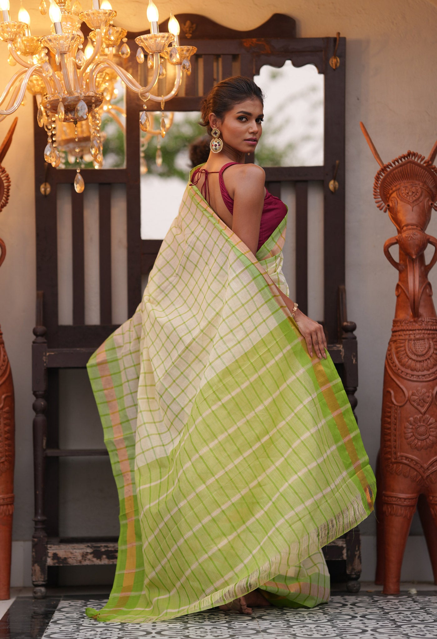 Cream Pure Handloom Mangalagiri Cotton Saree-UNM70947