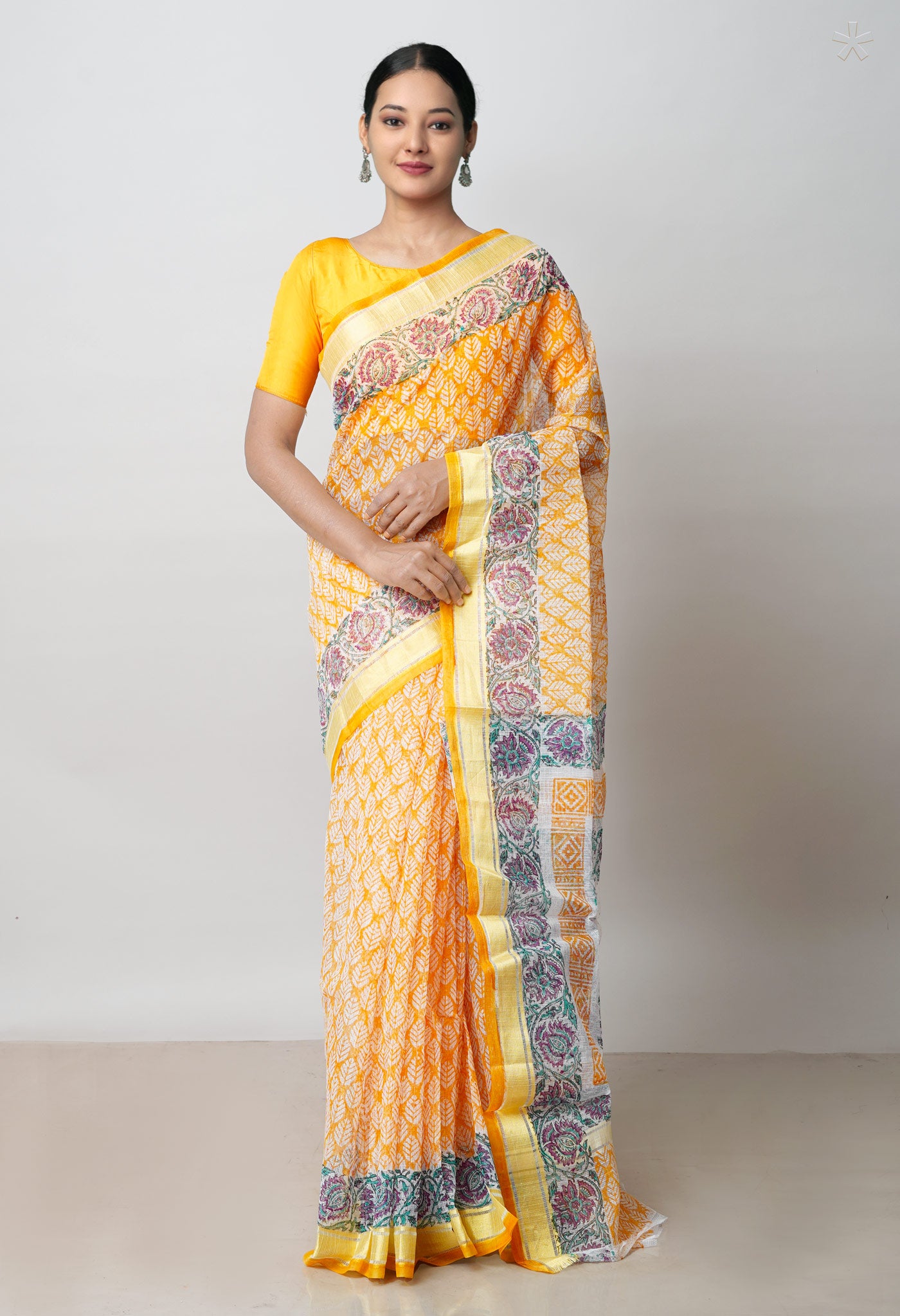 Orange Pure Block Printed Kota Cotton Saree- UNM71112