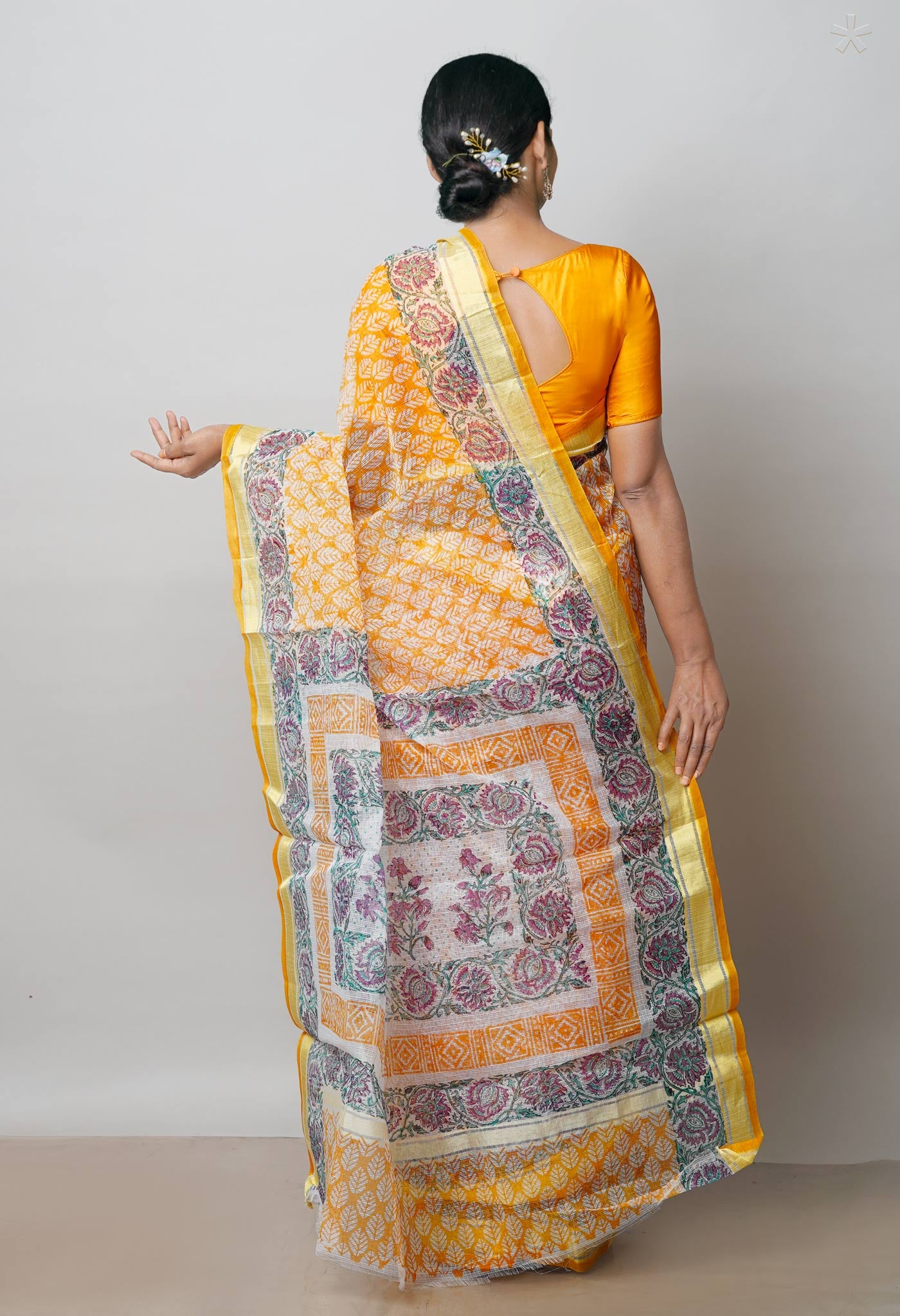 Orange Pure Block Printed Kota Cotton Saree- UNM71112