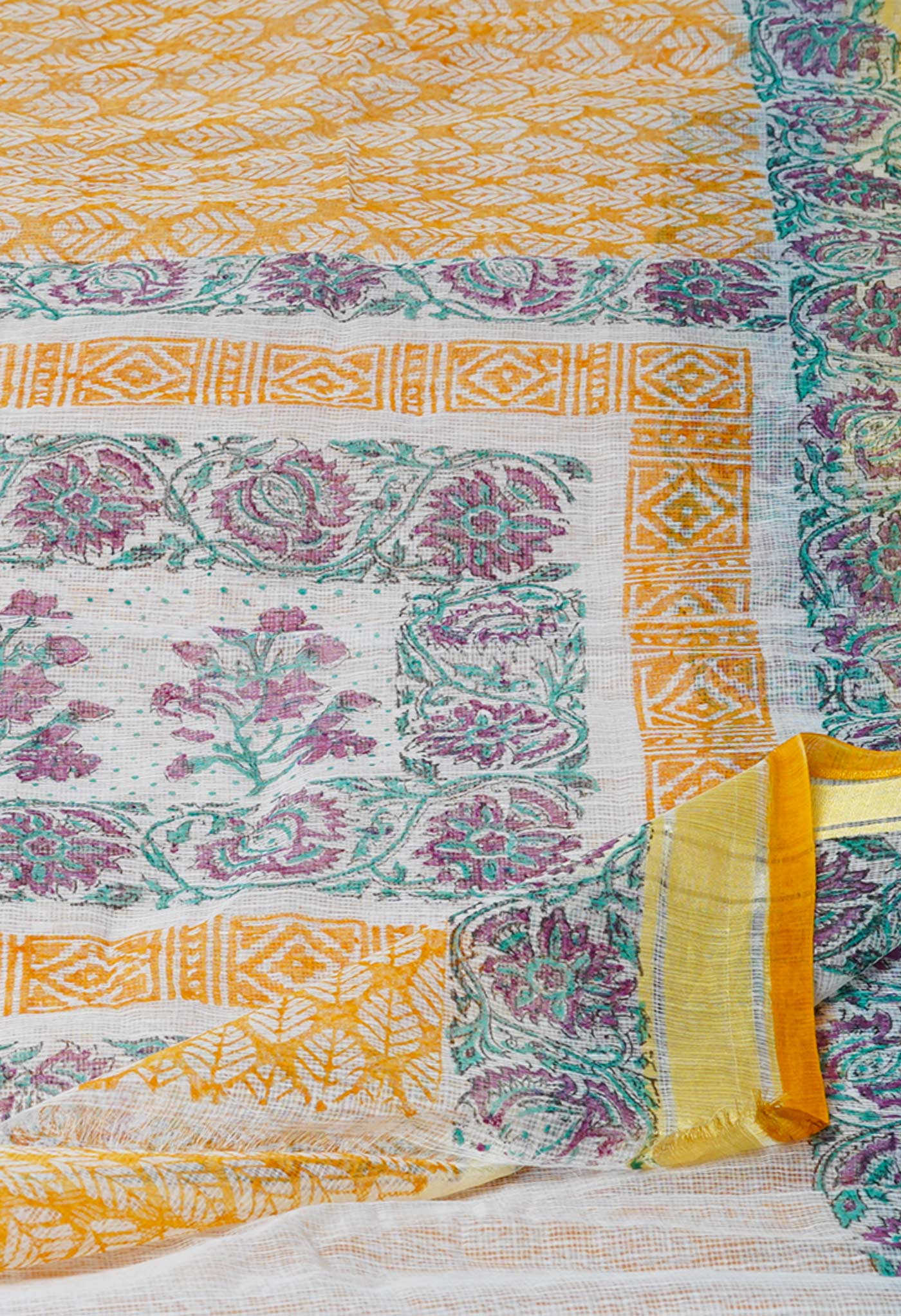 Orange Pure Block Printed Kota Cotton Saree- UNM71112