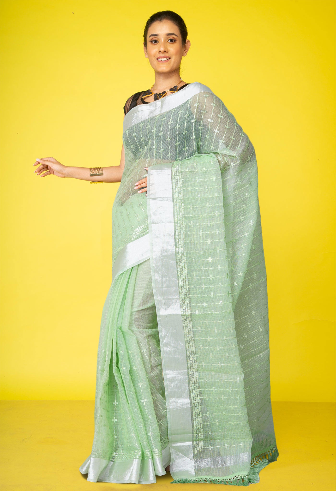 Green Pure Sequence Embroidery Kota Cotton Saree-UNM71619