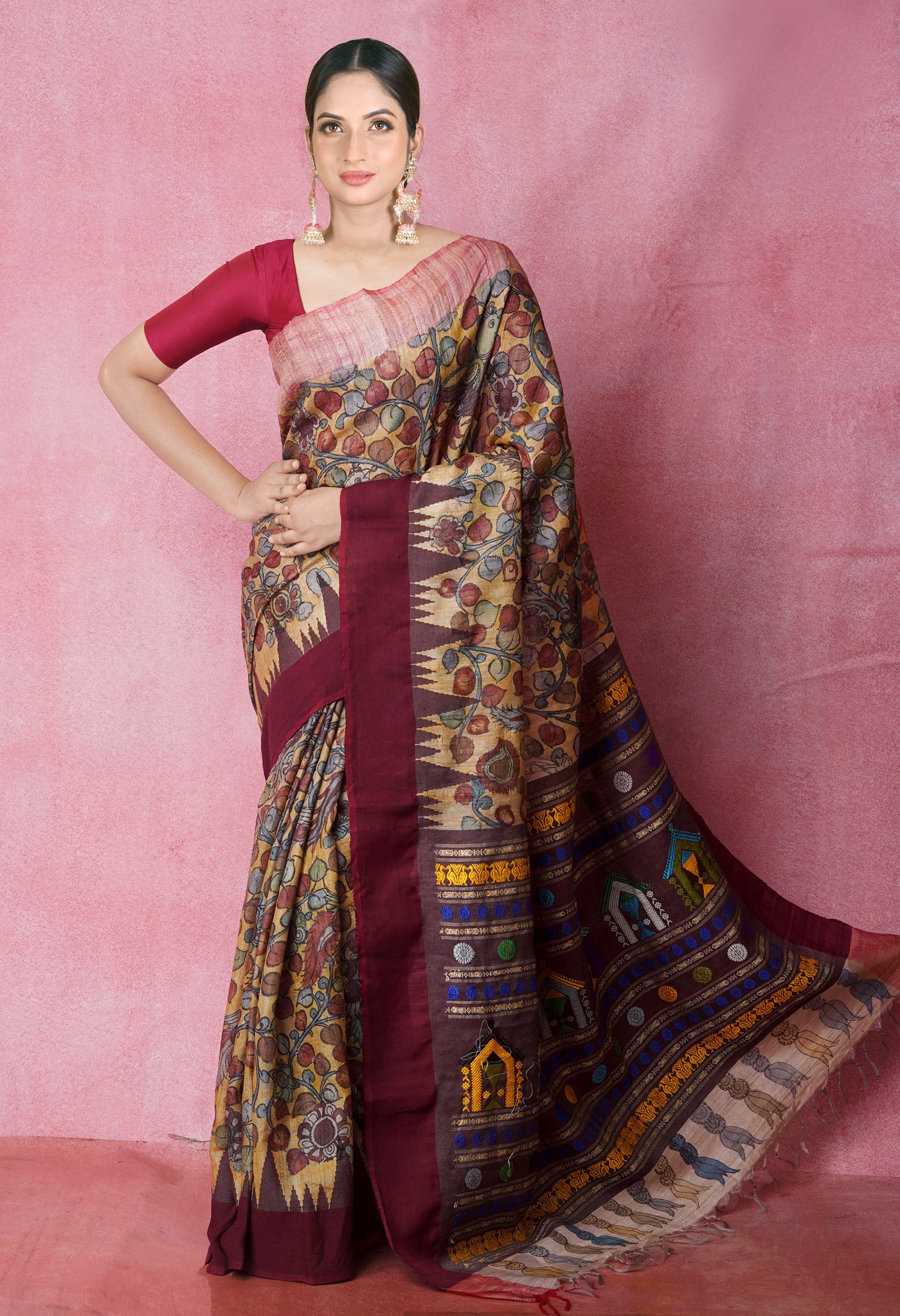 Cream Pure Handloom Pen Kalamkari Painting Gicha Tussar Jute Saree-UNM71763