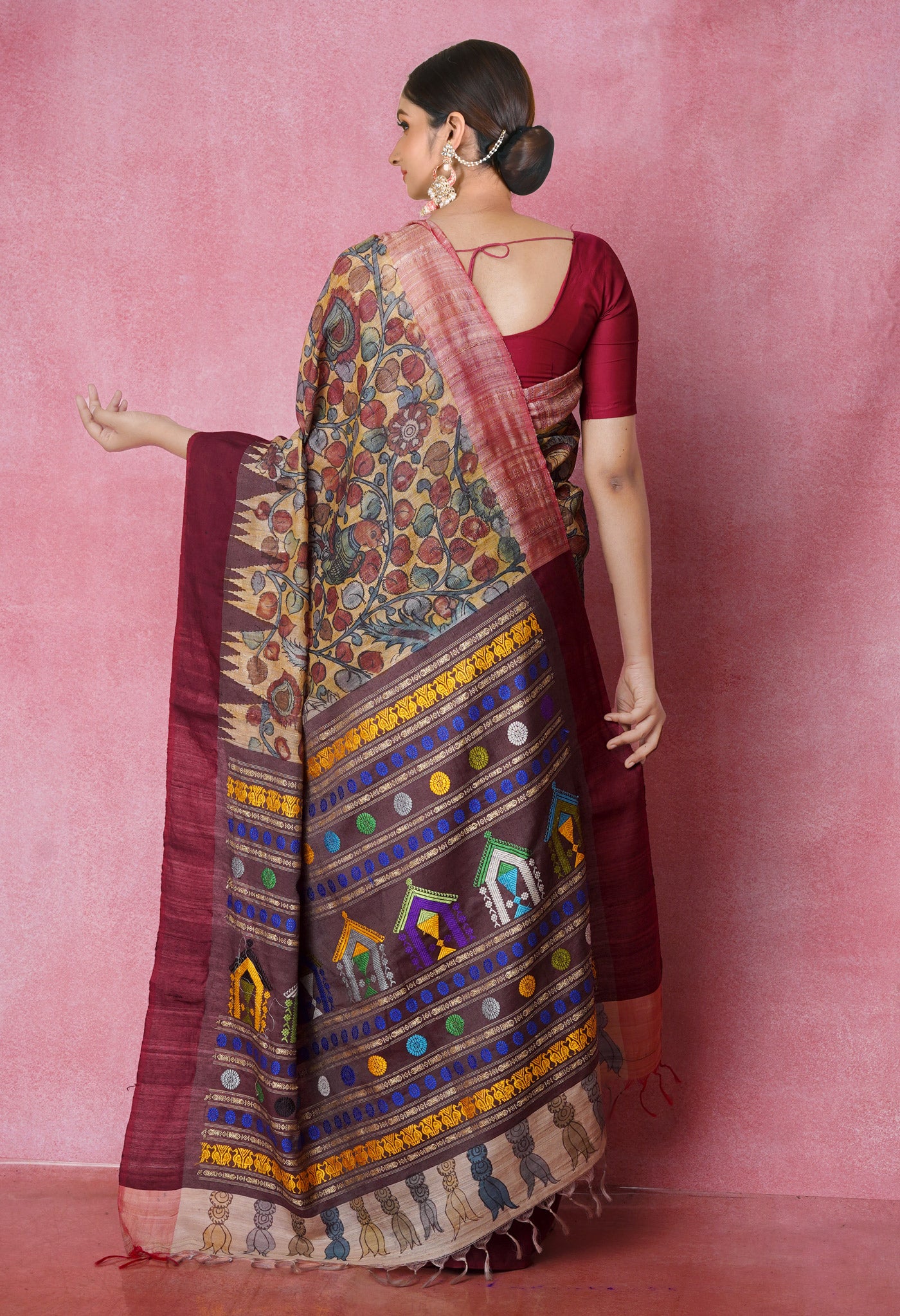 Cream Pure Handloom Pen Kalamkari Painting Gicha Tussar Jute Saree-UNM71763