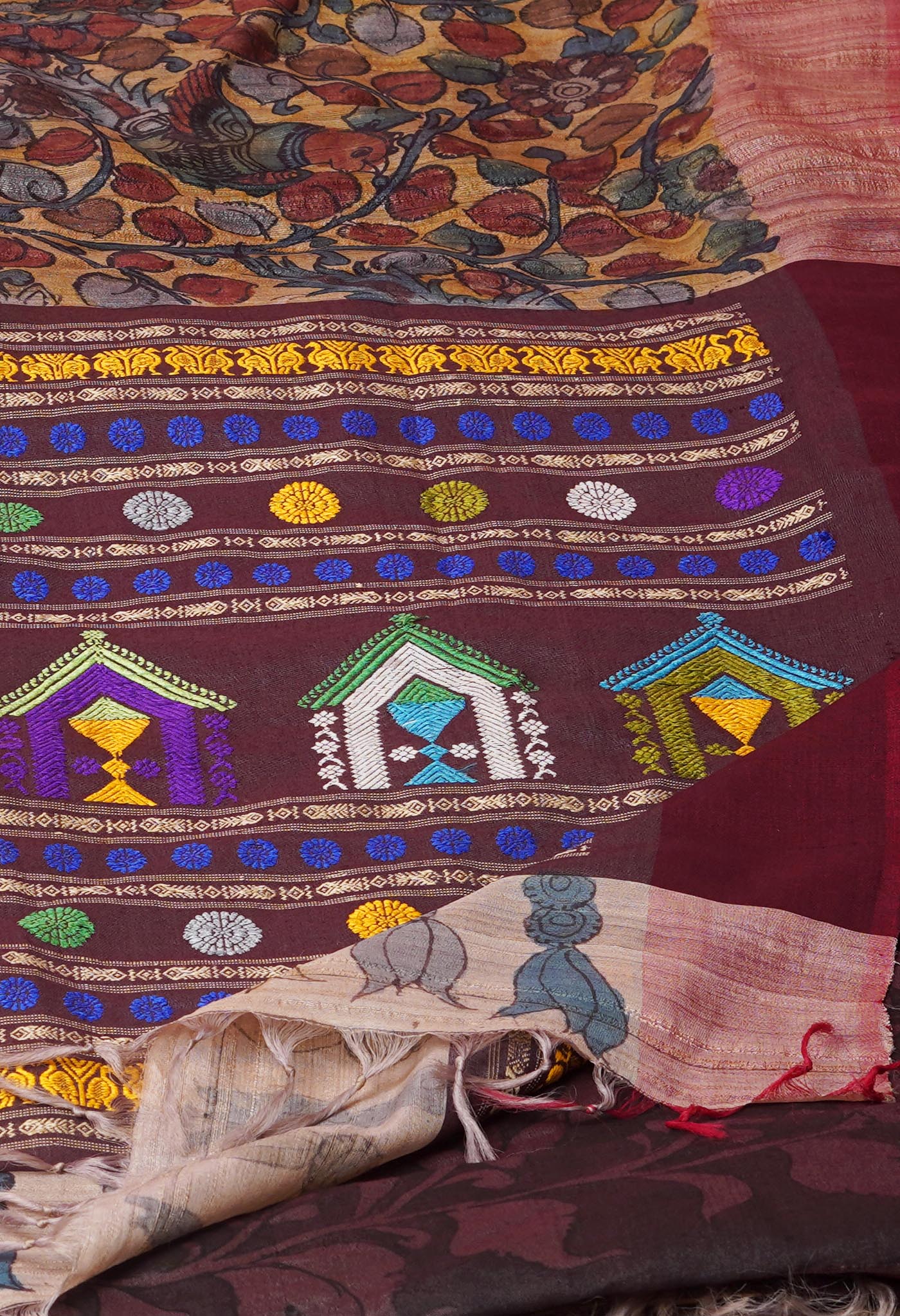 Cream Pure Handloom Pen Kalamkari Painting Gicha Tussar Jute Saree-UNM71763