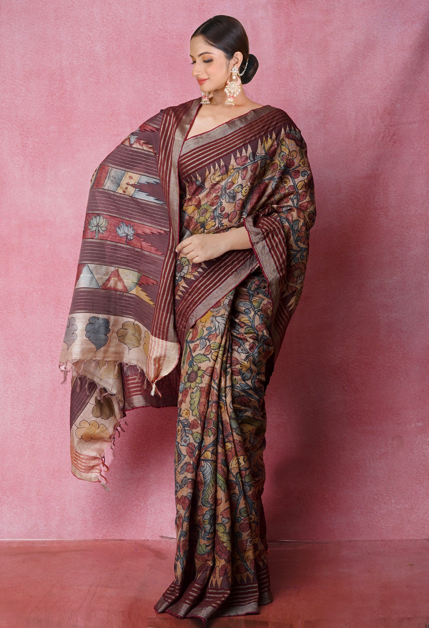 Cream Pure Handloom Pen Kalamkari Painting Gicha Tussar Jute Saree-UNM71764