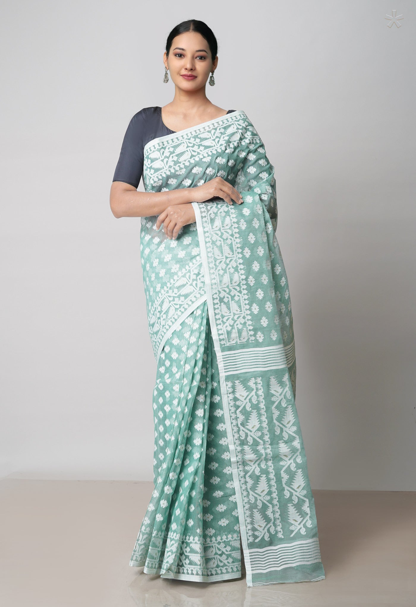 Pale Green Pure Handloom Handloom Dhaka Jamdhani Bengal Cotton Saree-UNM71873