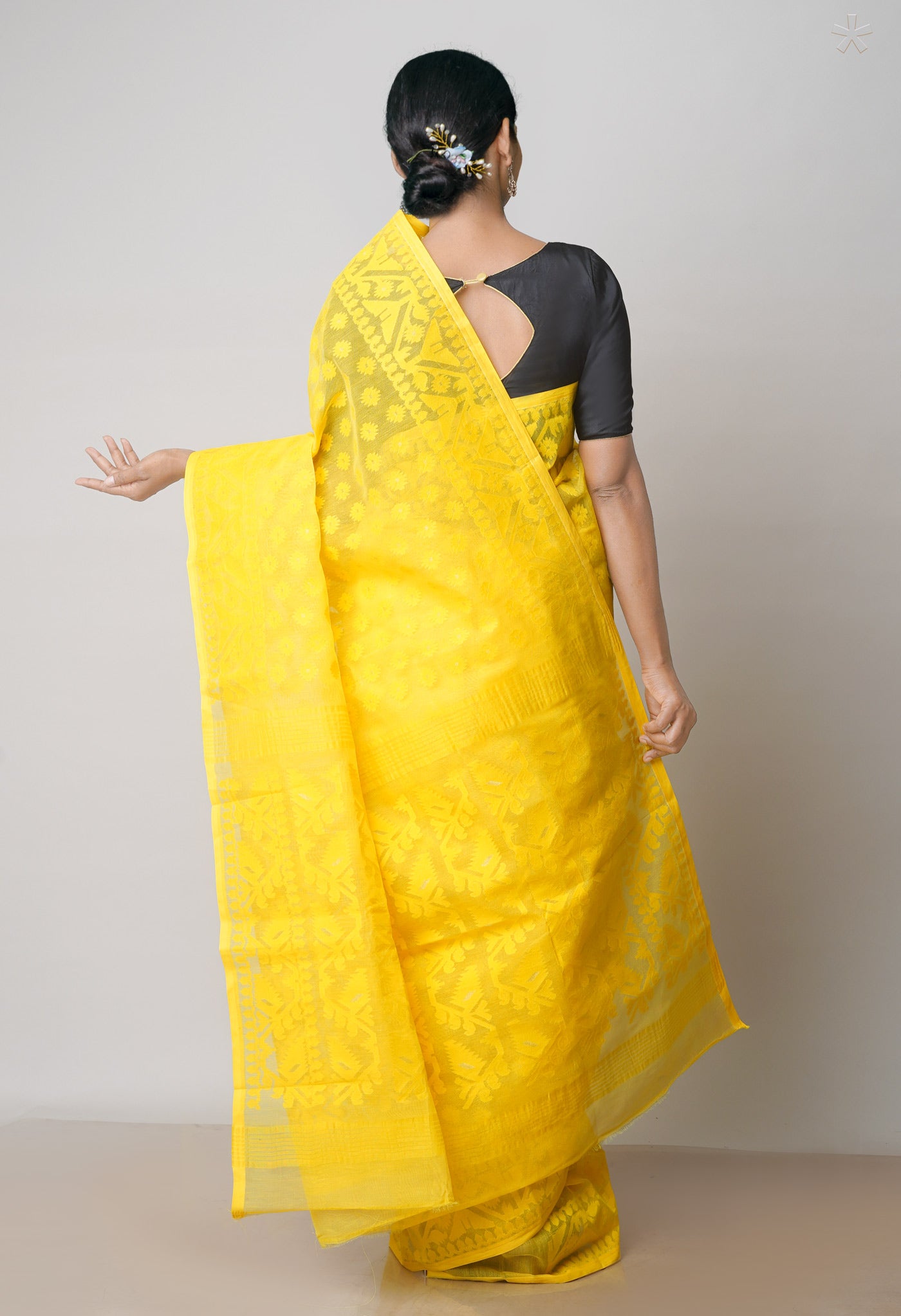 Yellow Pure Handloom Handloom Dhaka Jamdhani Bengal Cotton Saree-UNM71876