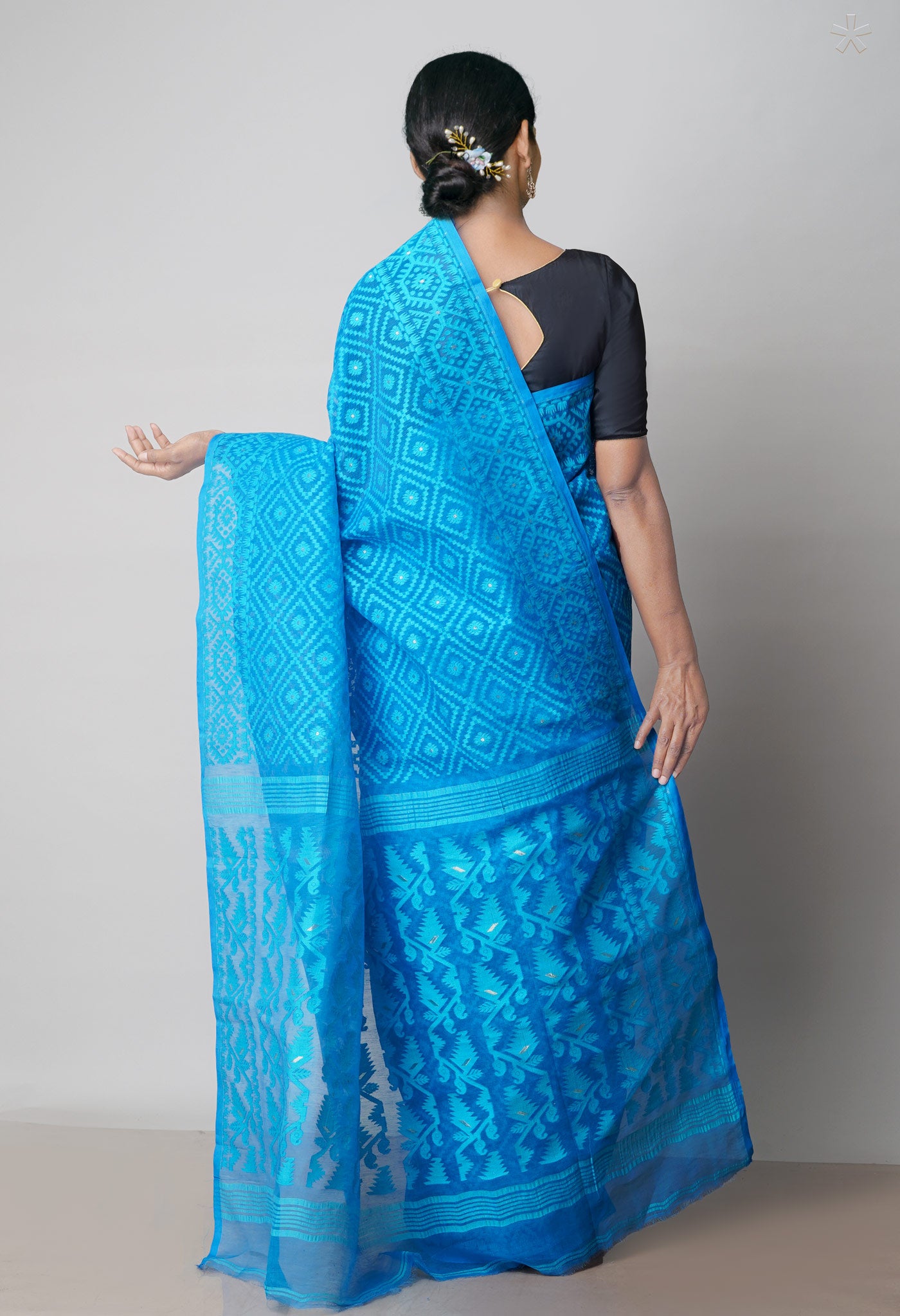 Blue Pure Handloom Handloom Dhaka Jamdhani Bengal Cotton Saree-UNM71877