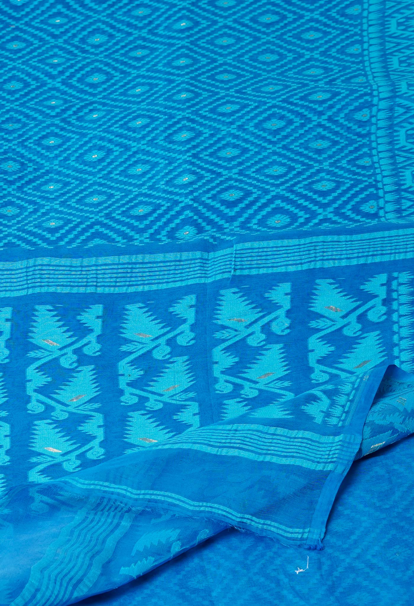 Blue Pure Handloom Handloom Dhaka Jamdhani Bengal Cotton Saree-UNM71877