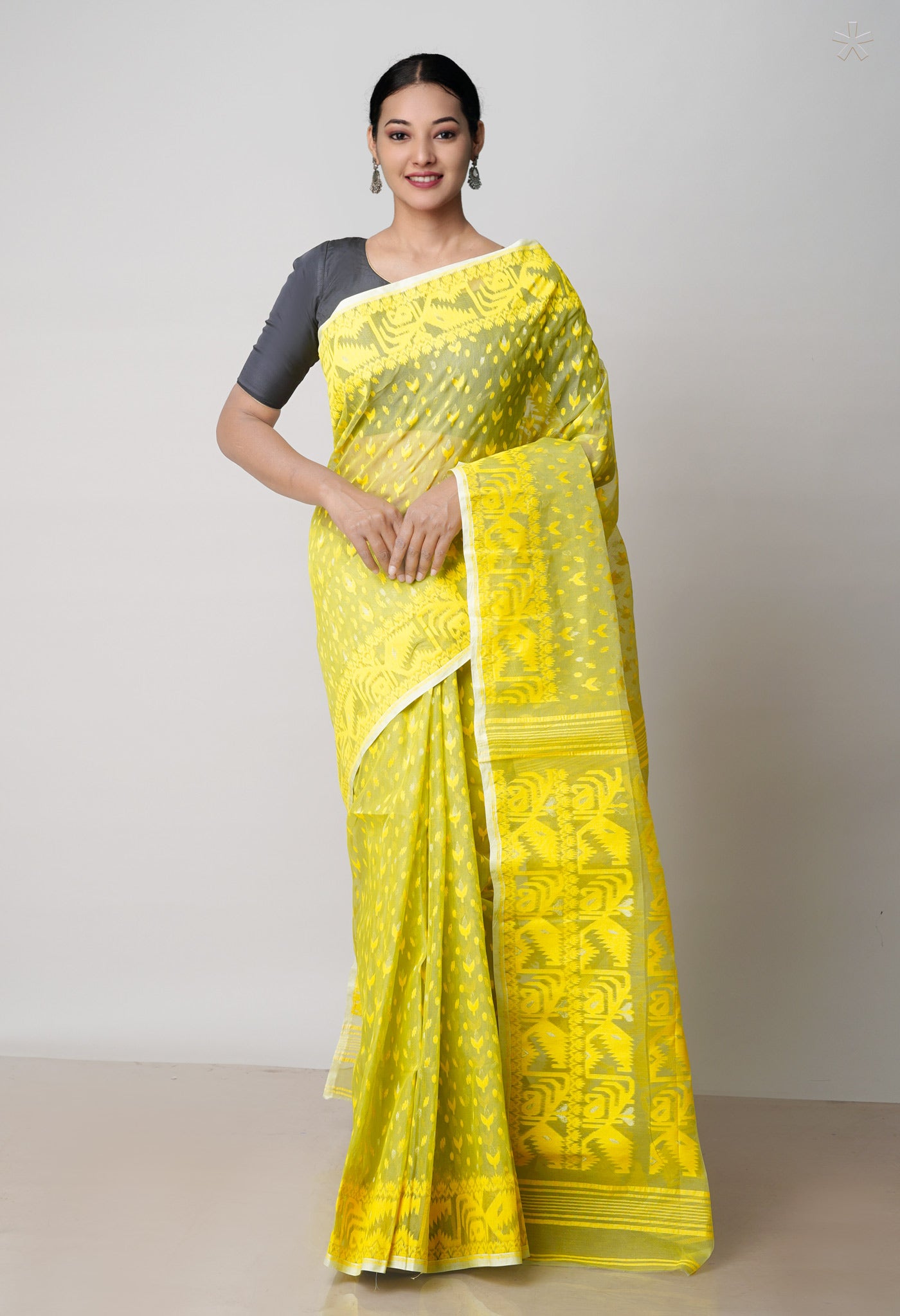 Pale Green Pure Handloom Handloom Dhaka Jamdhani Bengal Cotton Saree-UNM71884