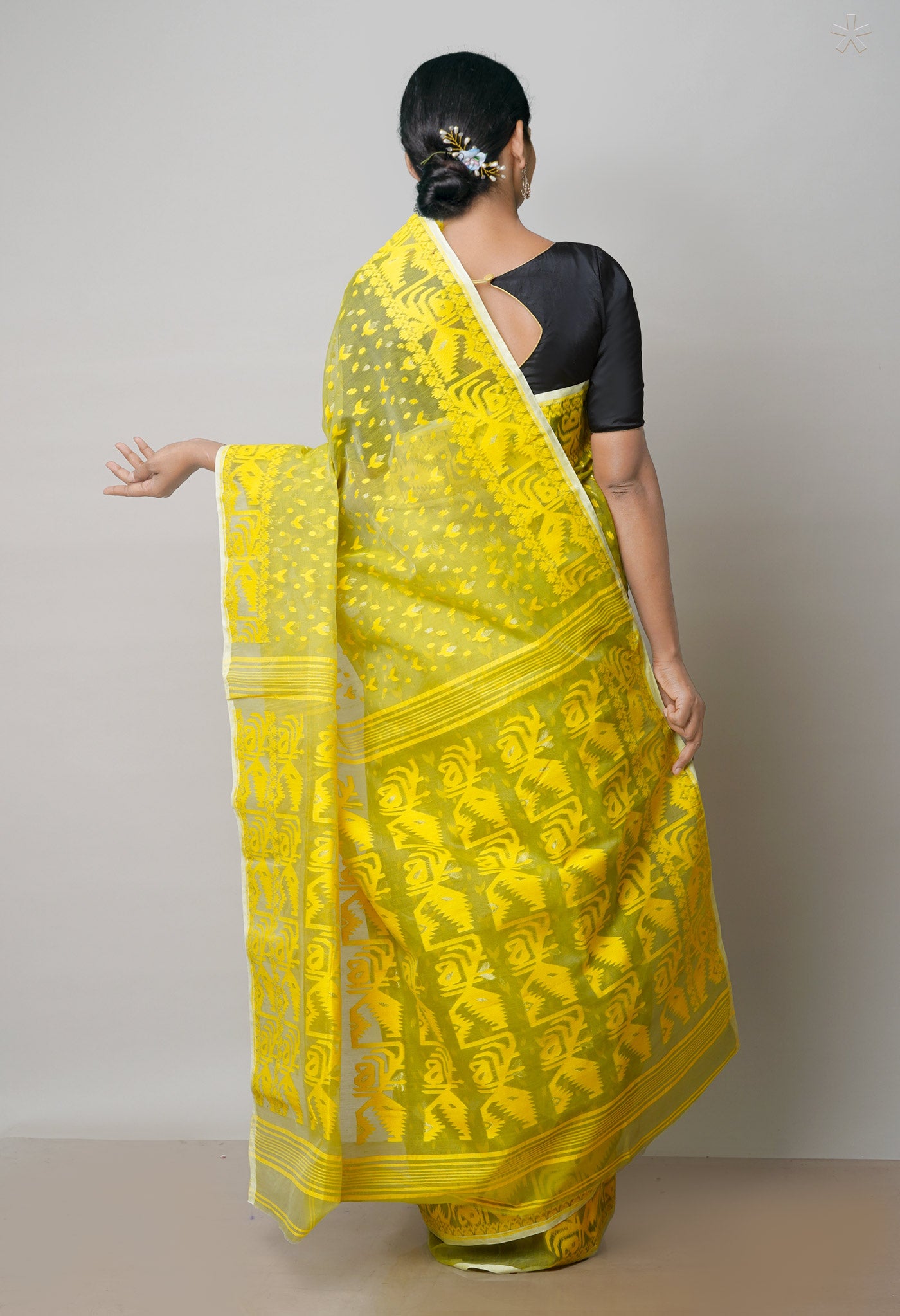 Pale Green Pure Handloom Handloom Dhaka Jamdhani Bengal Cotton Saree-UNM71884