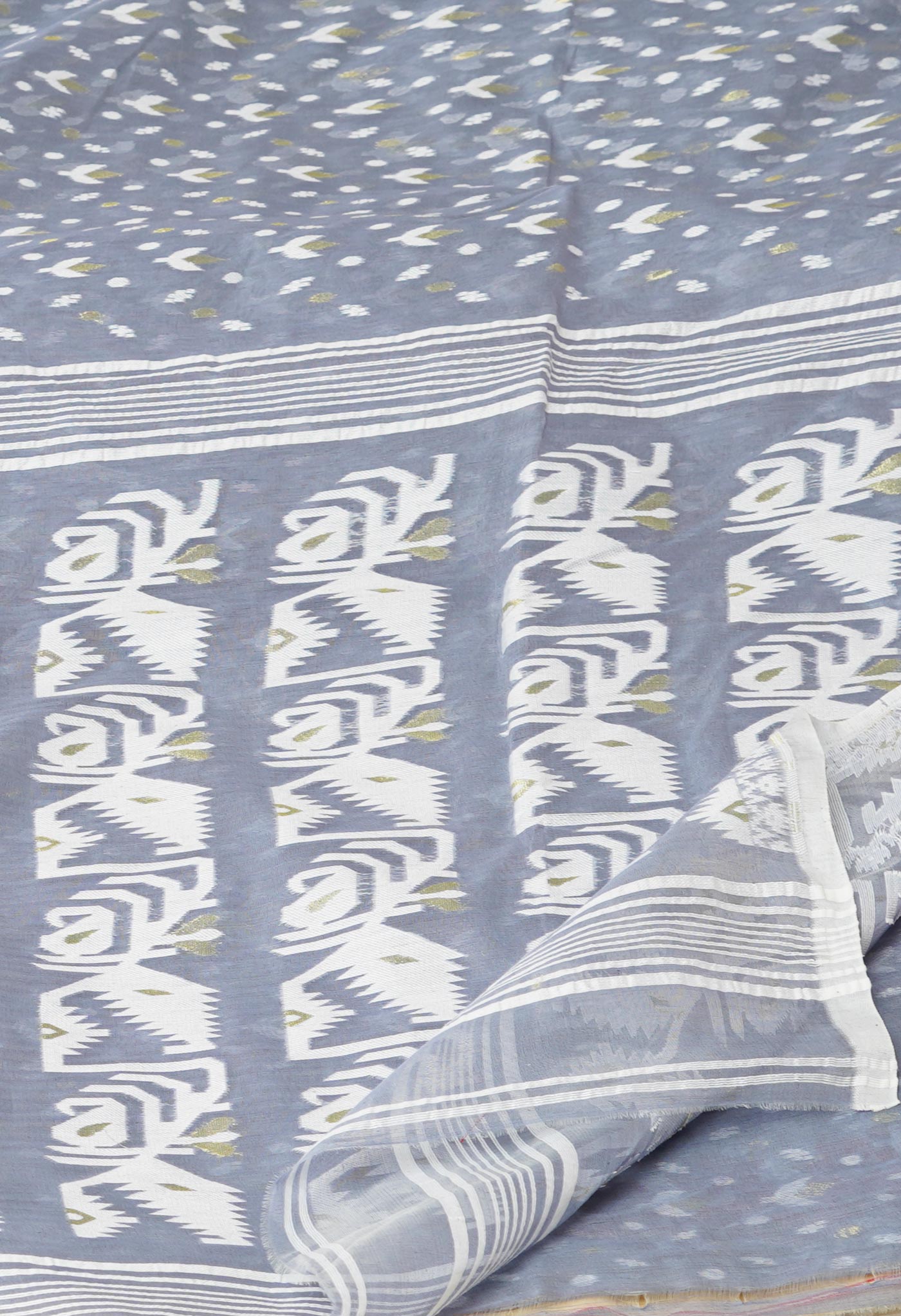 Grey Pure Handloom Handloom Dhaka Jamdhani Bengal Cotton Saree-UNM71888