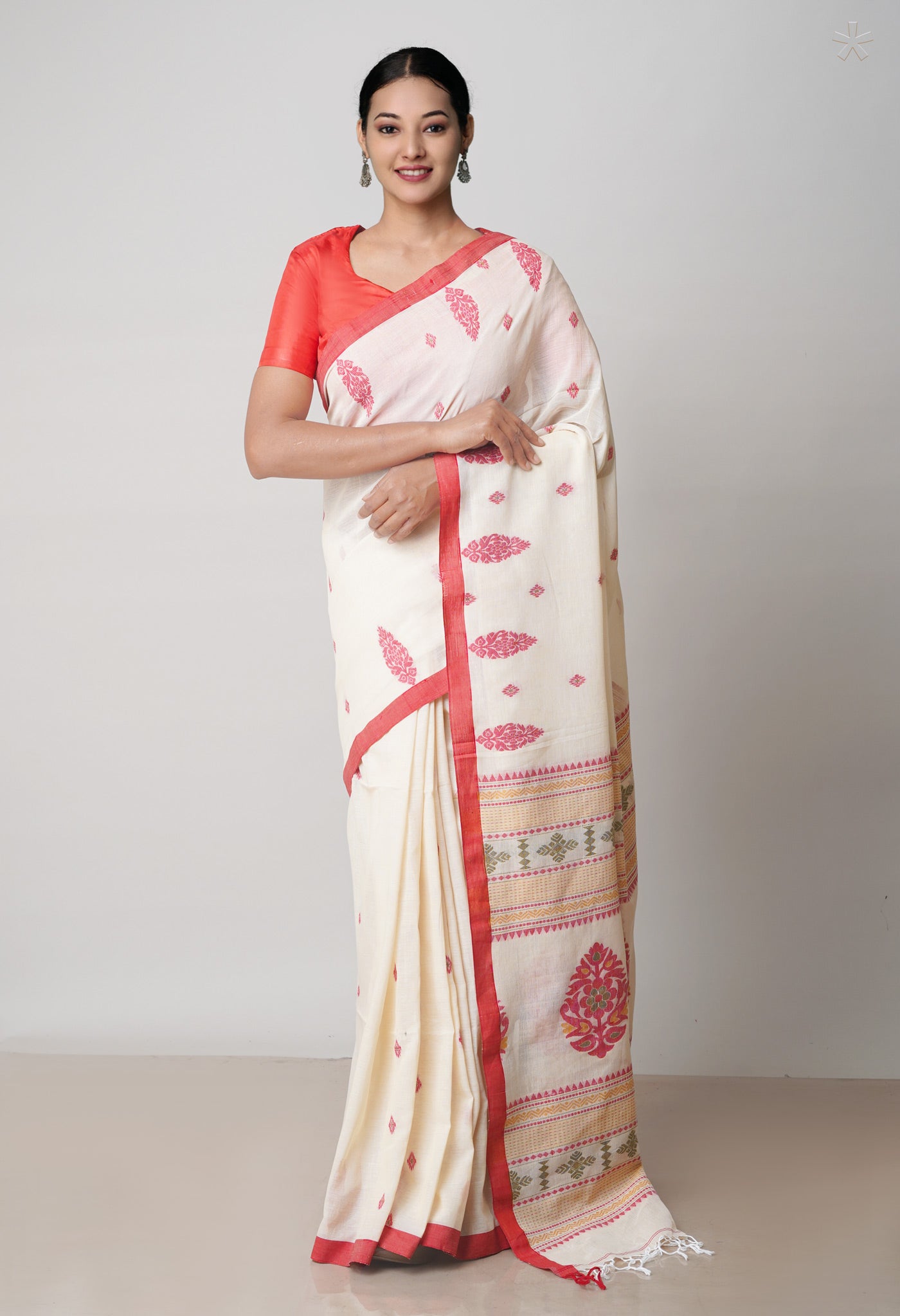 Cream Pure Handloom Handloom Dhaka Jamdhani Bengal Cotton Saree-UNM71892