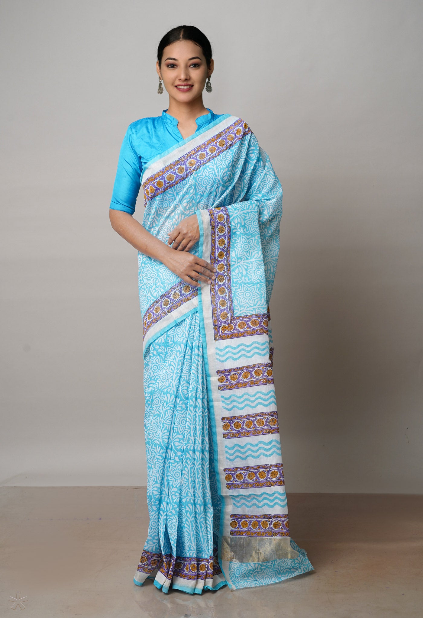 Light Blue Dyed Printed Chanderi Sico Saree-UNM71939