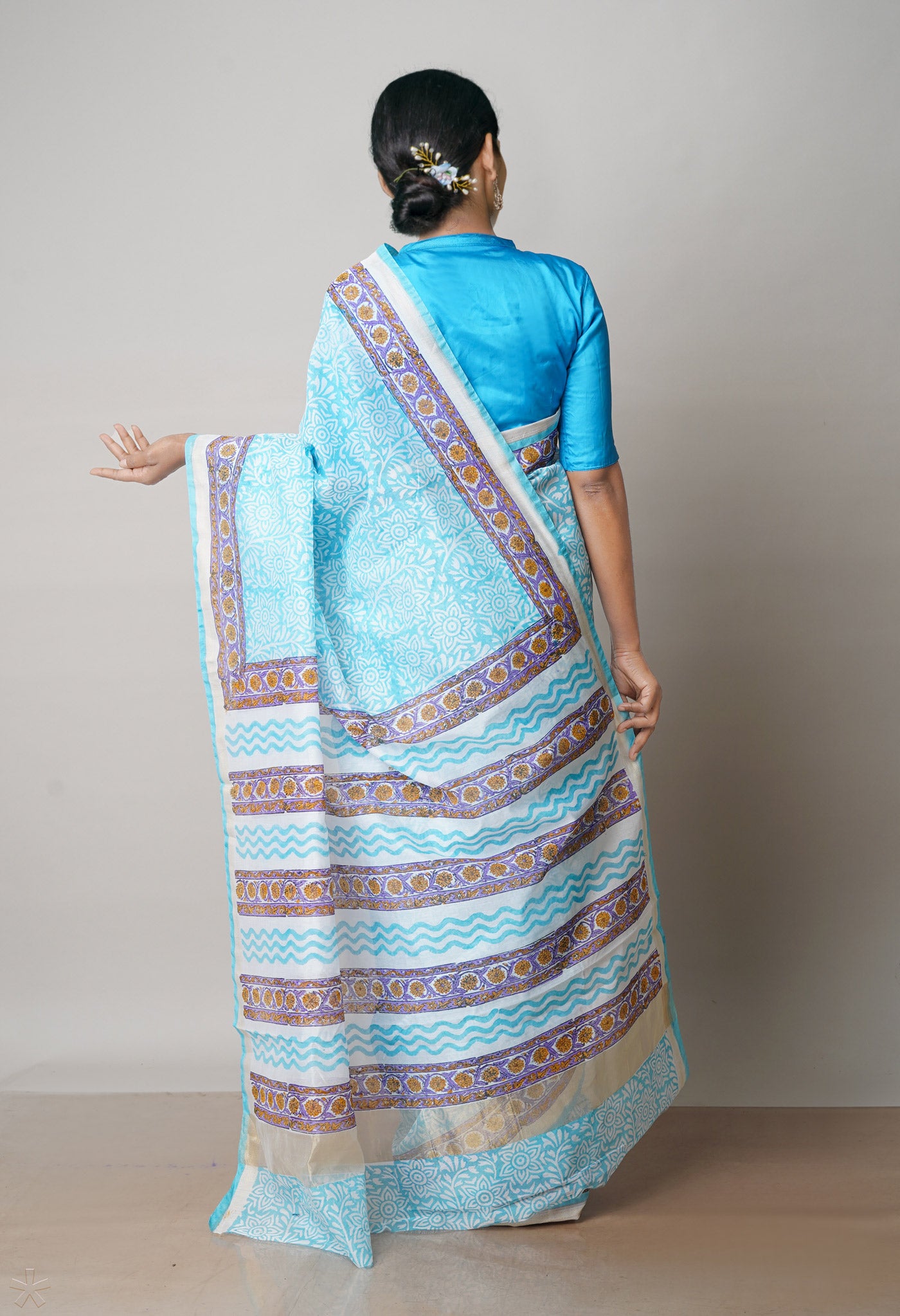 Light Blue Dyed Printed Chanderi Sico Saree-UNM71939