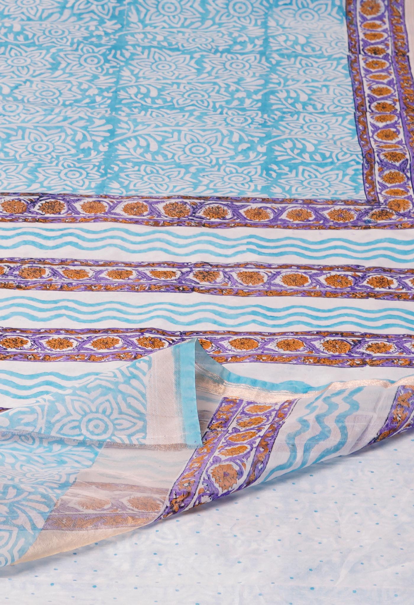 Light Blue Dyed Printed Chanderi Sico Saree-UNM71939