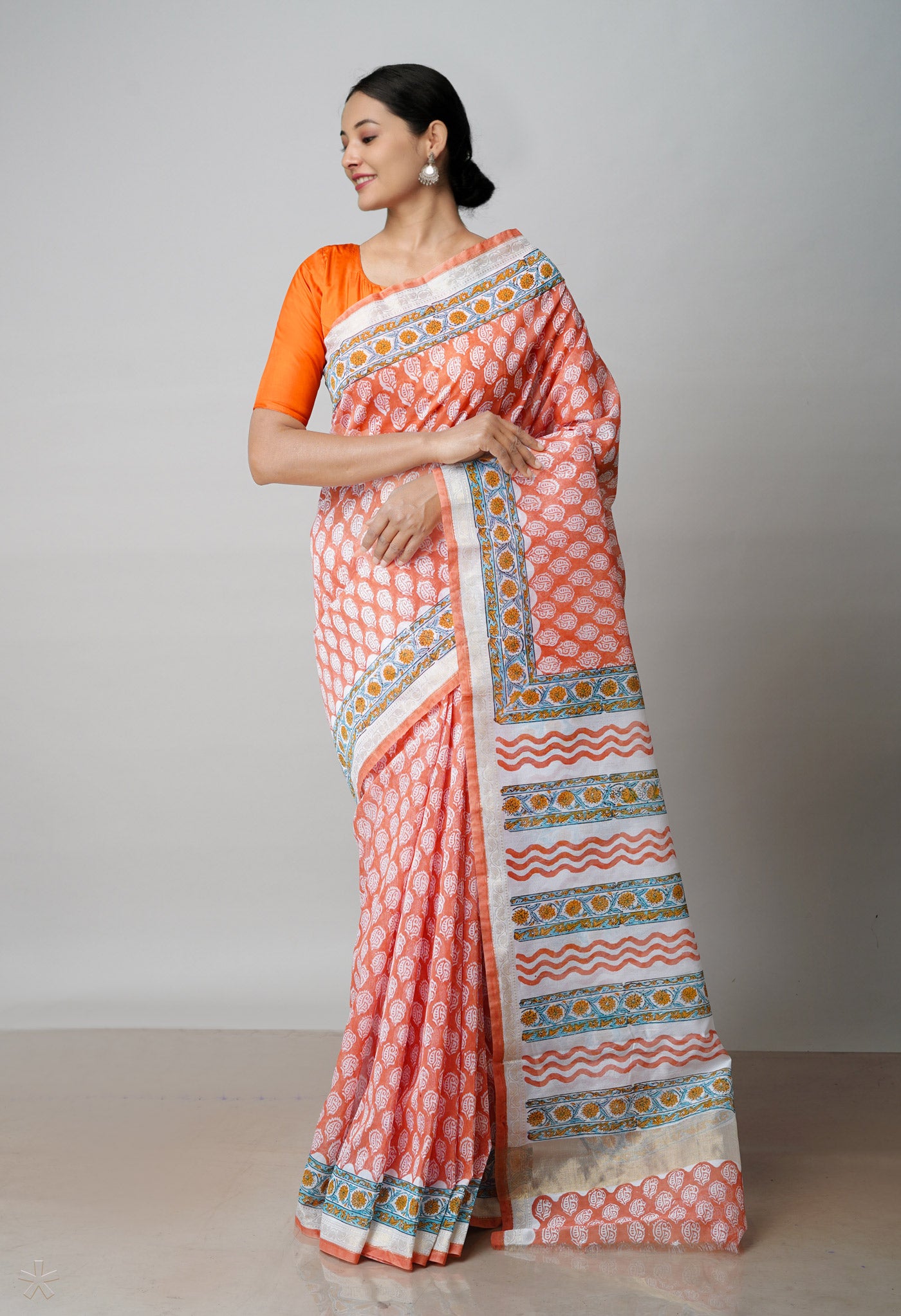 Rust Orange Dyed Printed Chanderi Sico Saree-UNM71944