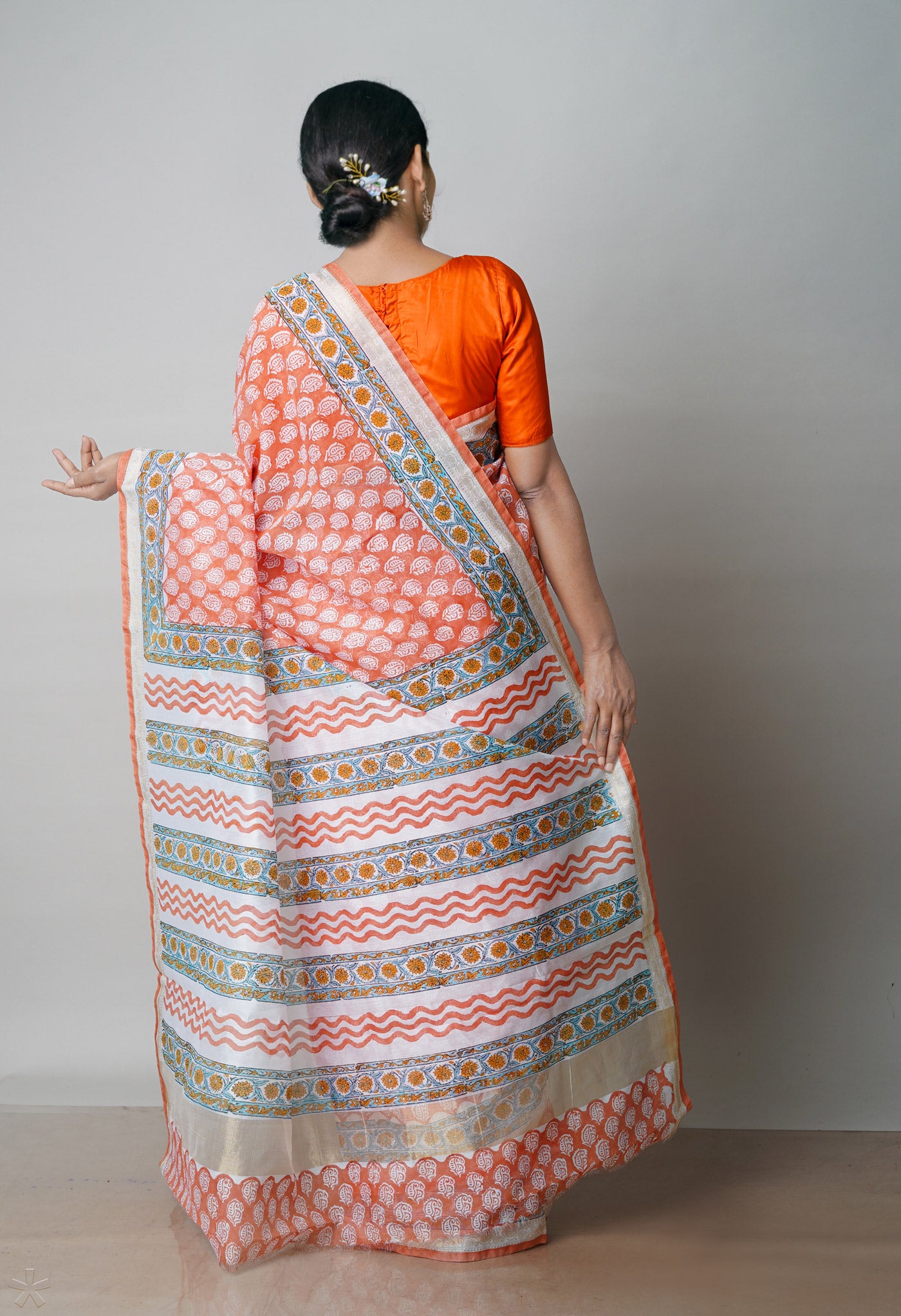 Rust Orange Dyed Printed Chanderi Sico Saree-UNM71944