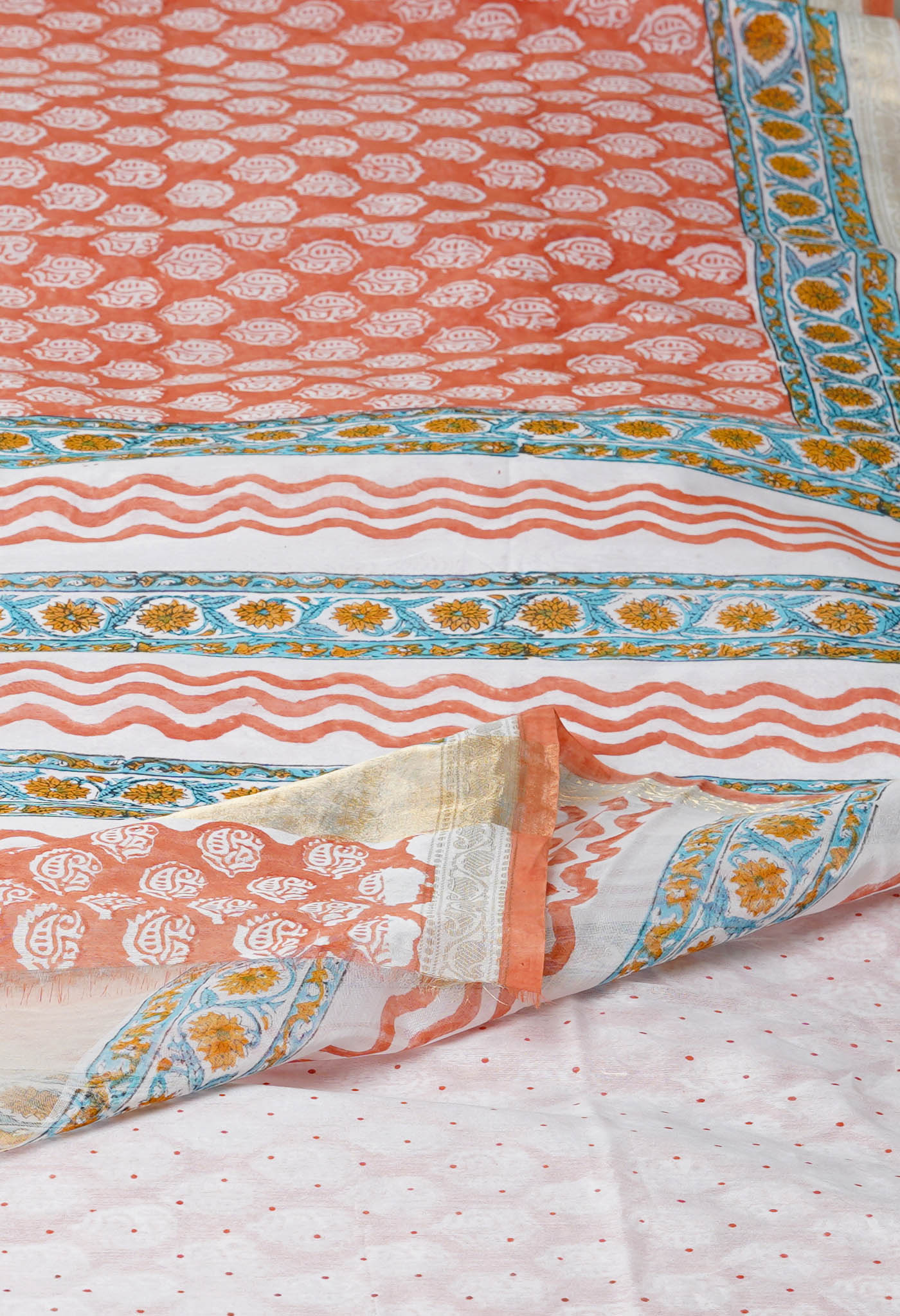 Rust Orange Dyed Printed Chanderi Sico Saree-UNM71944