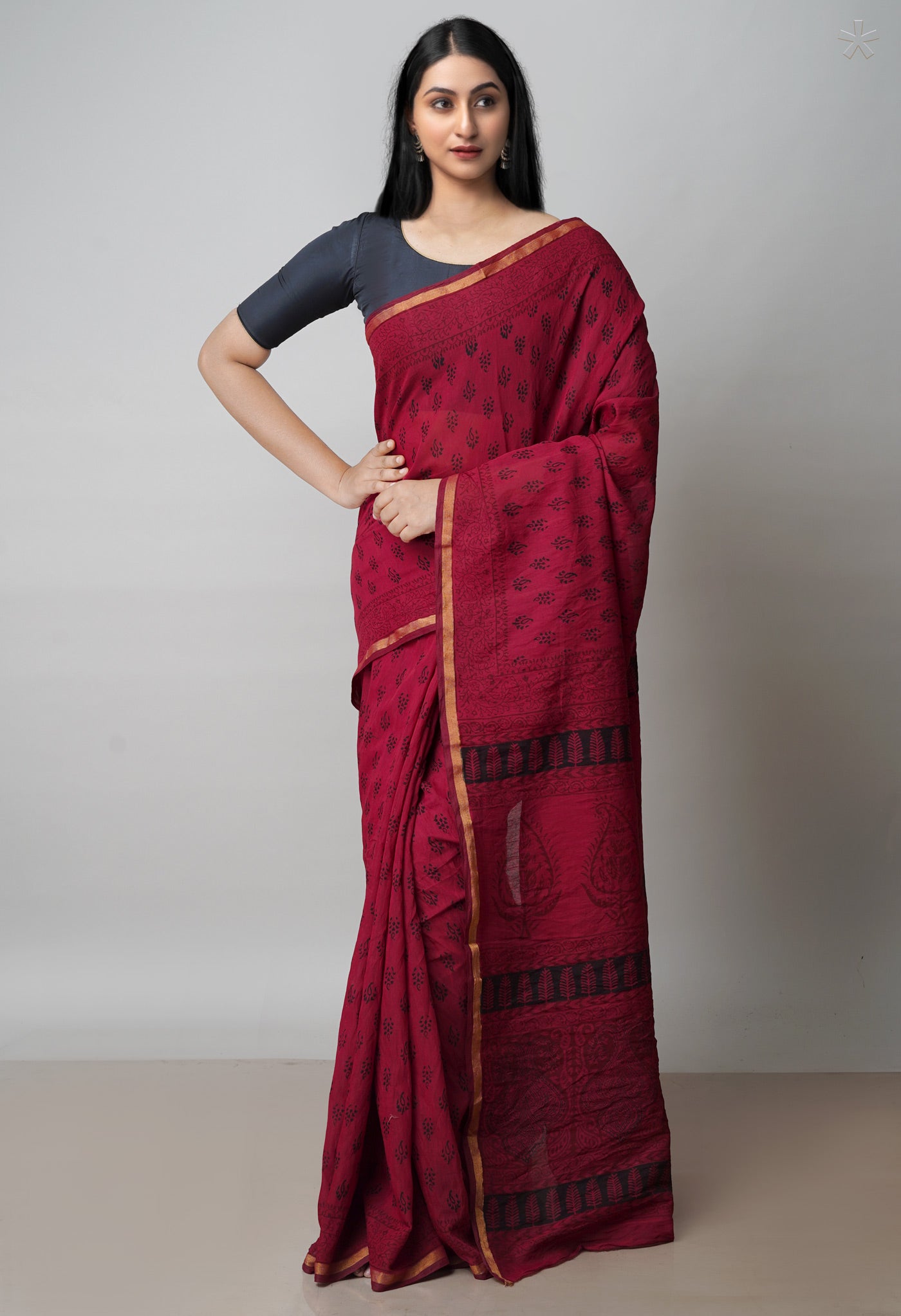 Rosewood Red Art Chanderi Bagh Printed Cotton Saree-UNM71975