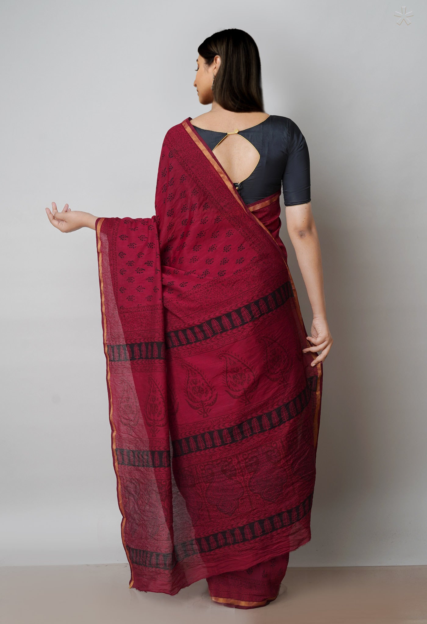 Rosewood Red Art Chanderi Bagh Printed Cotton Saree-UNM71975