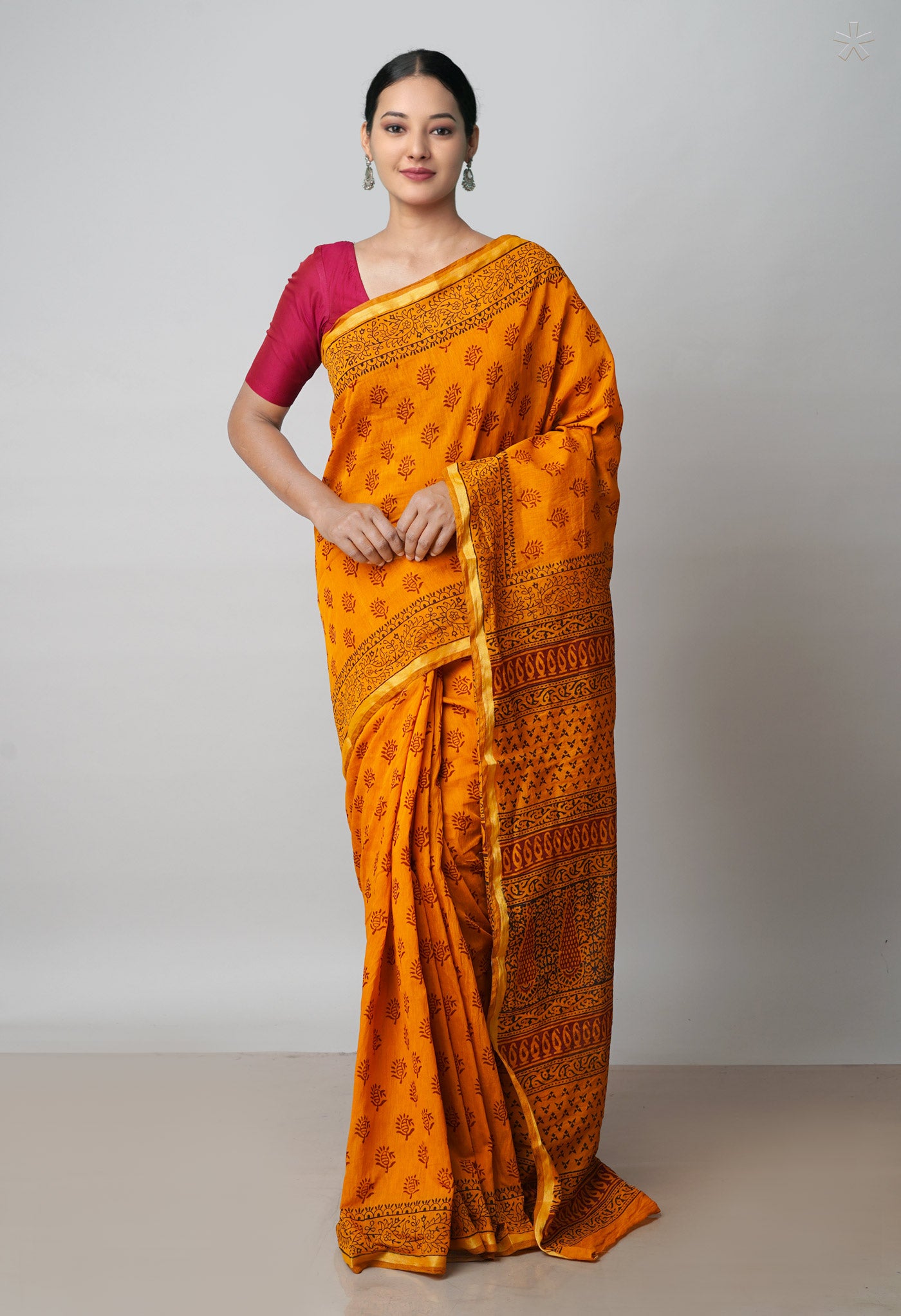 Mustard Yellow Art Chanderi Bagh Printed Cotton Saree