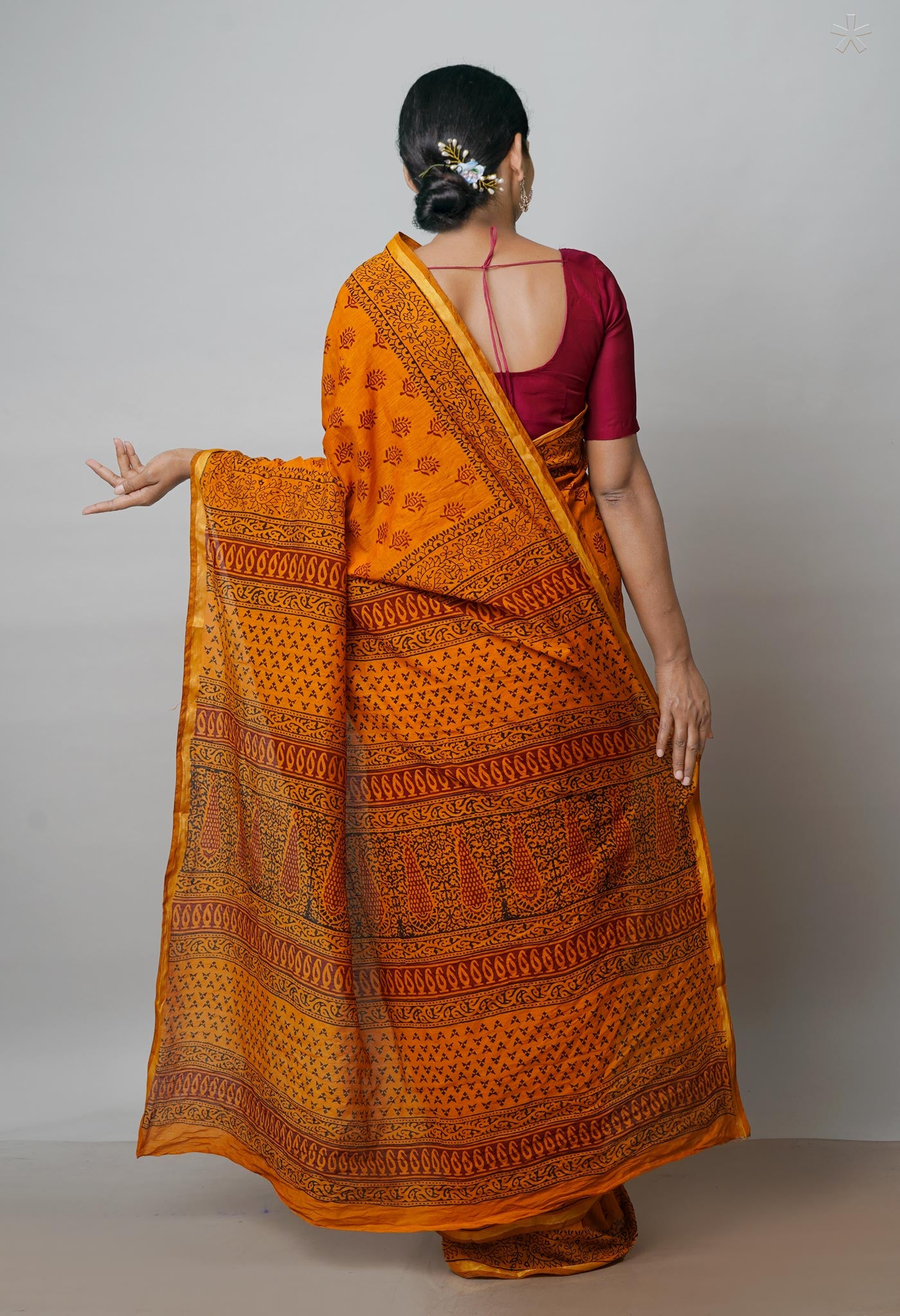 Mustard Yellow Art Chanderi Bagh Printed Cotton Saree