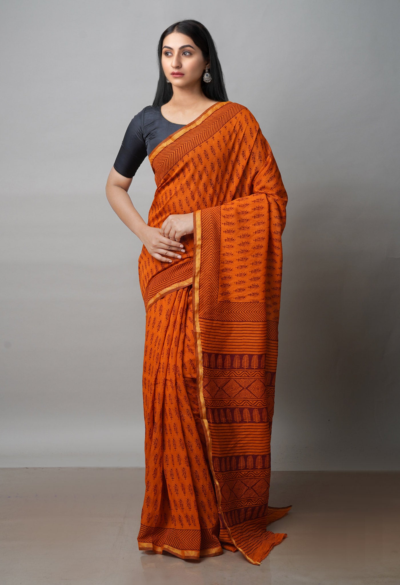 Rust Orange Art Chanderi Bagh Printed Cotton Saree-UNM71981