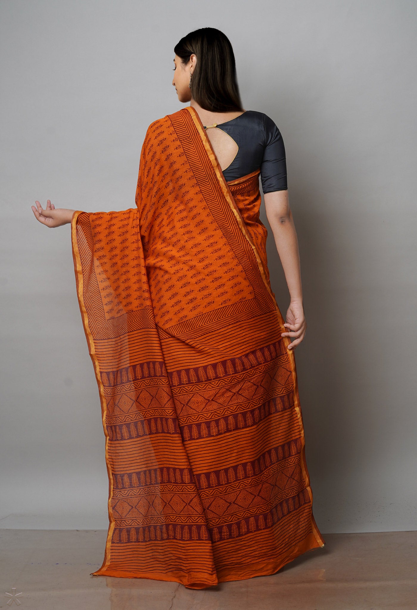 Rust Orange Art Chanderi Bagh Printed Cotton Saree-UNM71981