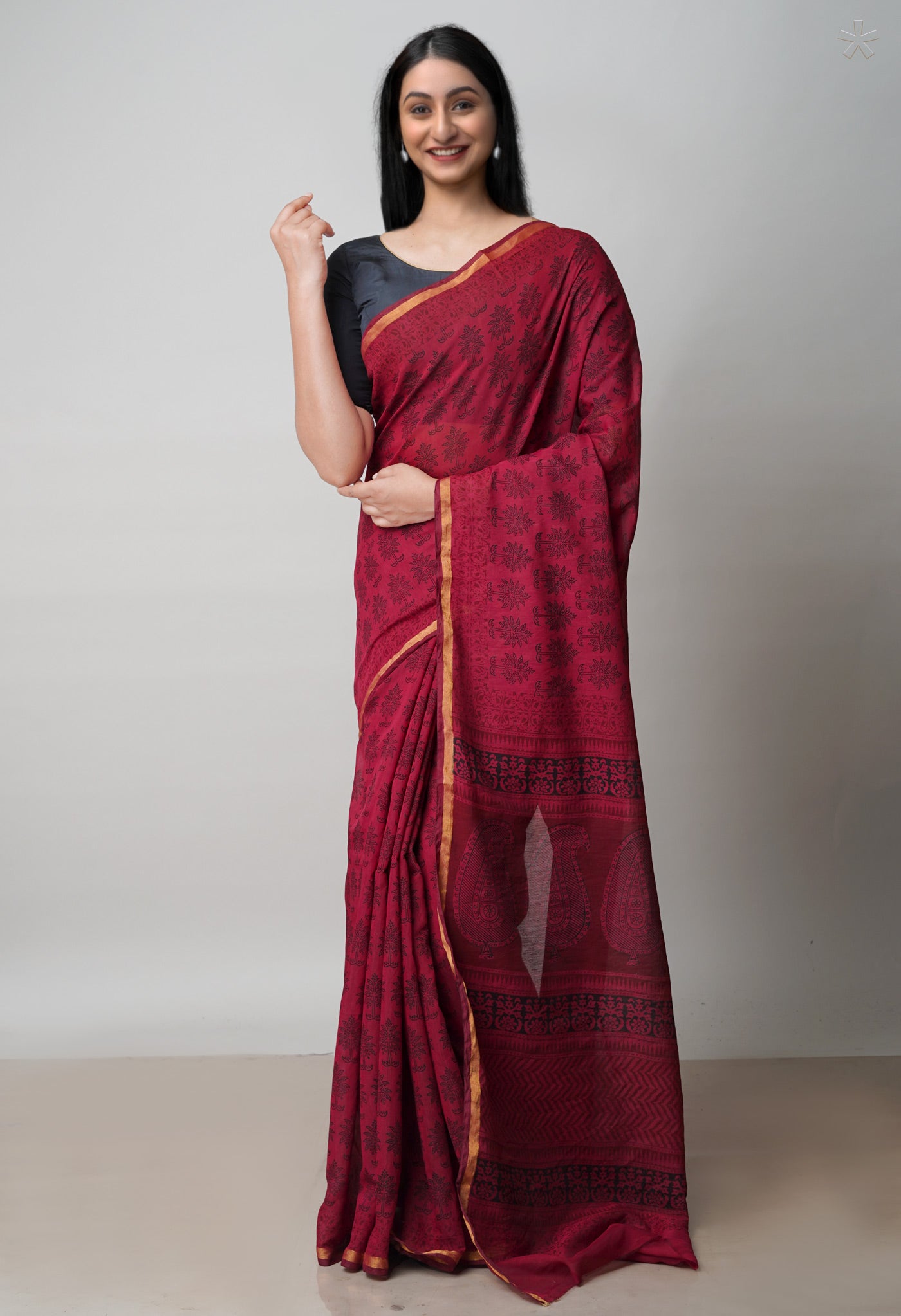 Rosewood Red Art Chanderi Bagh Printed Cotton Saree-UNM71996