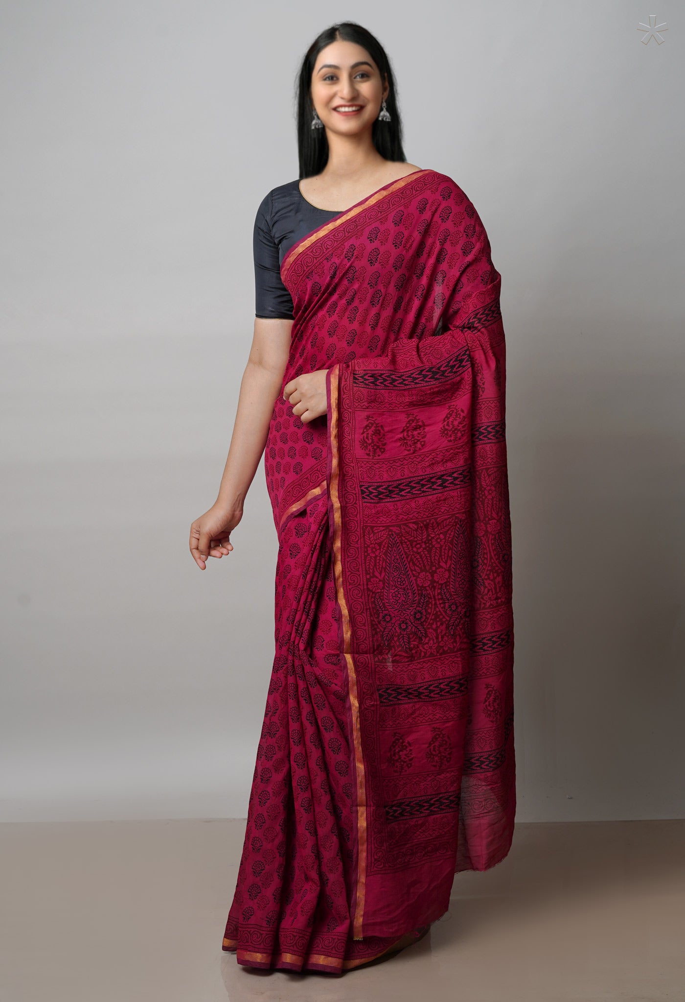 Hippie Pink Art Chanderi Bagh Printed Cotton Saree-UNM71998