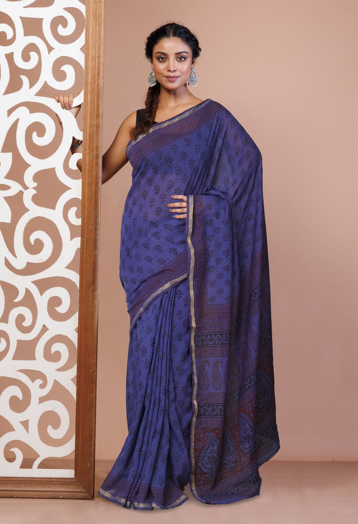 Blue Art Chanderi Bagh Printed Cotton Saree-UNM72035