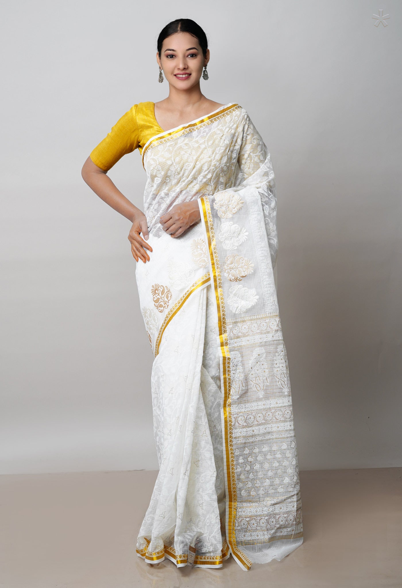 Ivory Pure Banarasi Kota With Gold Embossed Print And Embroidery Kota Saree