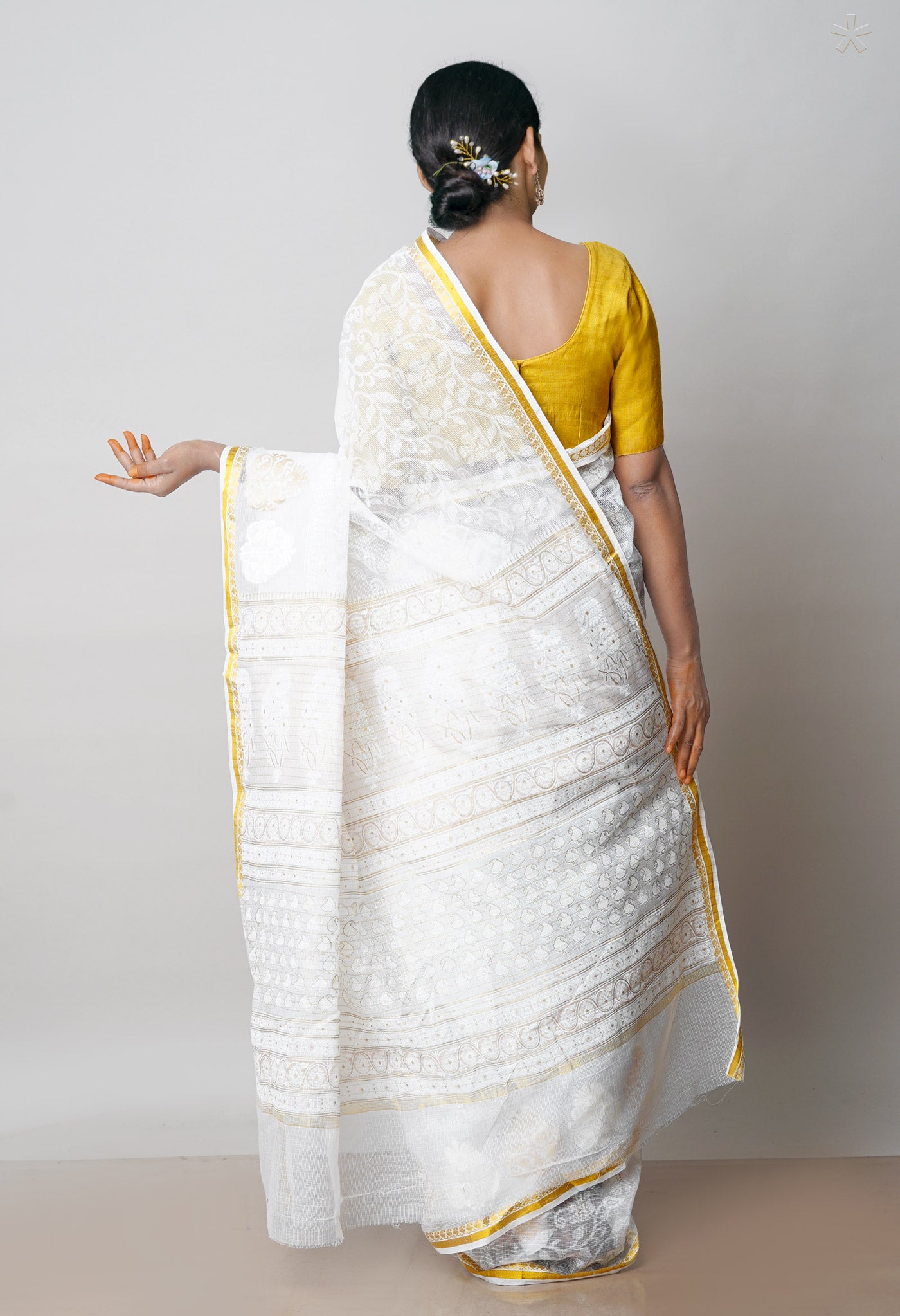 Ivory Pure Banarasi Kota With Gold Embossed Print And Embroidery Kota Saree