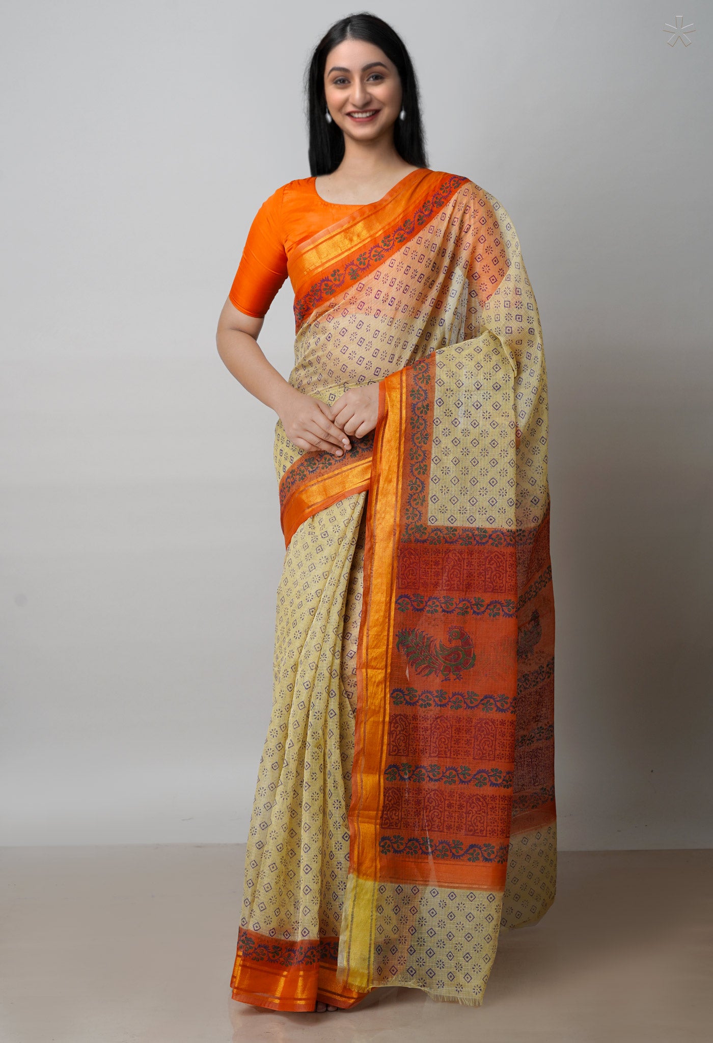 Beige Pure  Block Printed Kota Cotton Saree-UNM72050