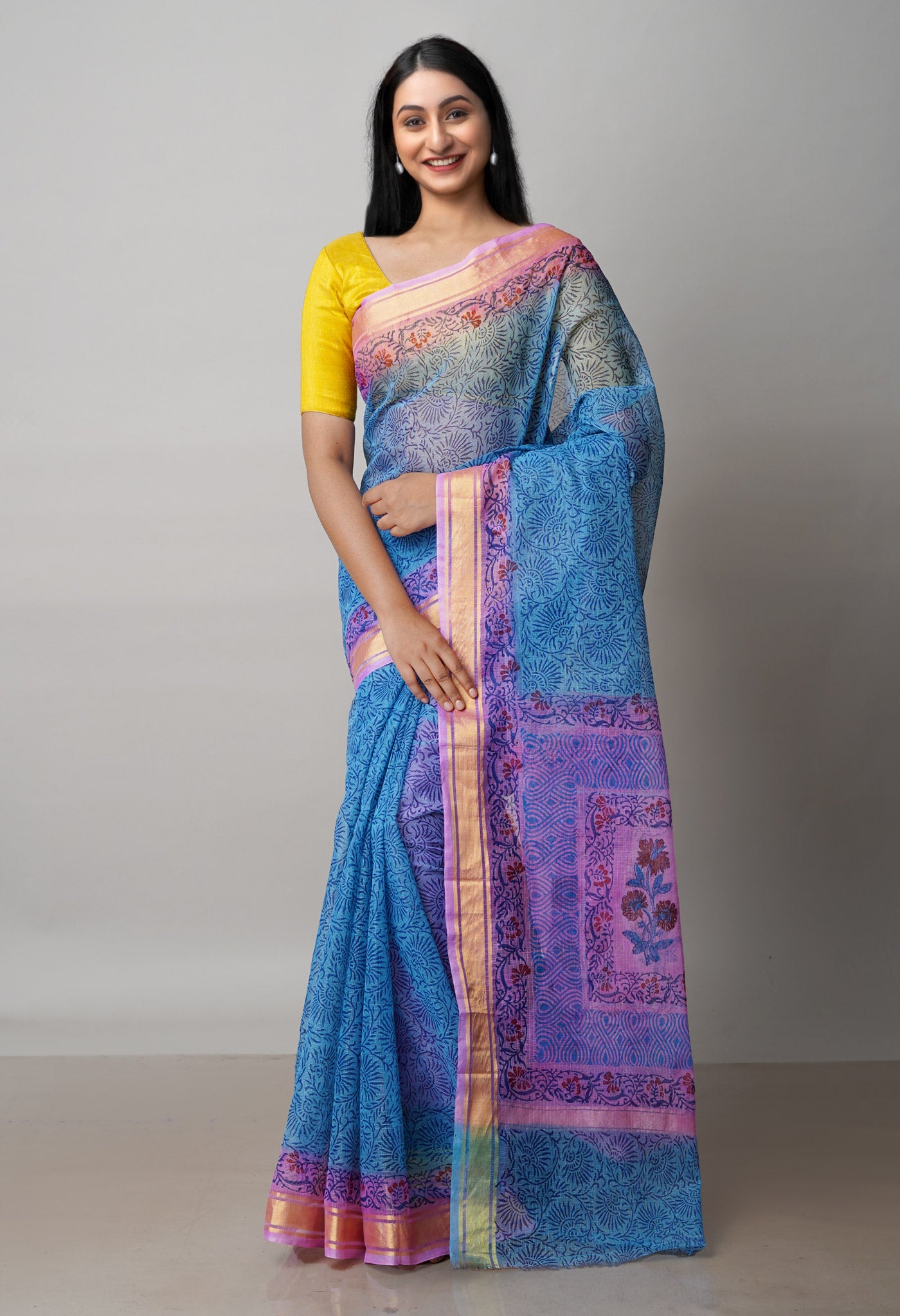 Blue Pure Block Printed Kota Cotton Saree-UNM72053
